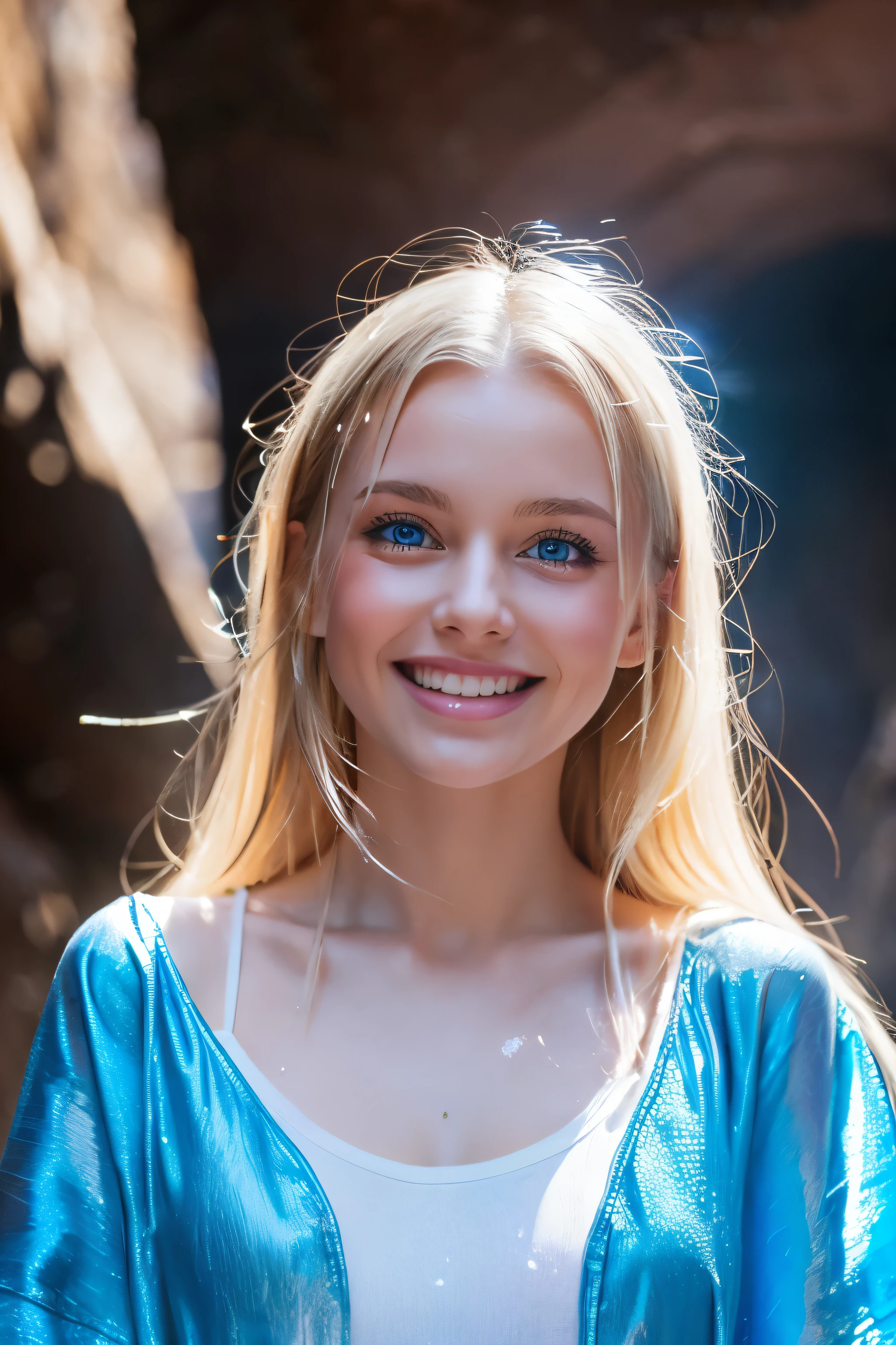 8k, highest quality, masterpiece:1.2),(highest quality:1.0),Beautiful Ukrainian woman、Blonde、Blue Eyes、A happy look、Standing soaked in a canyon in heavy rain