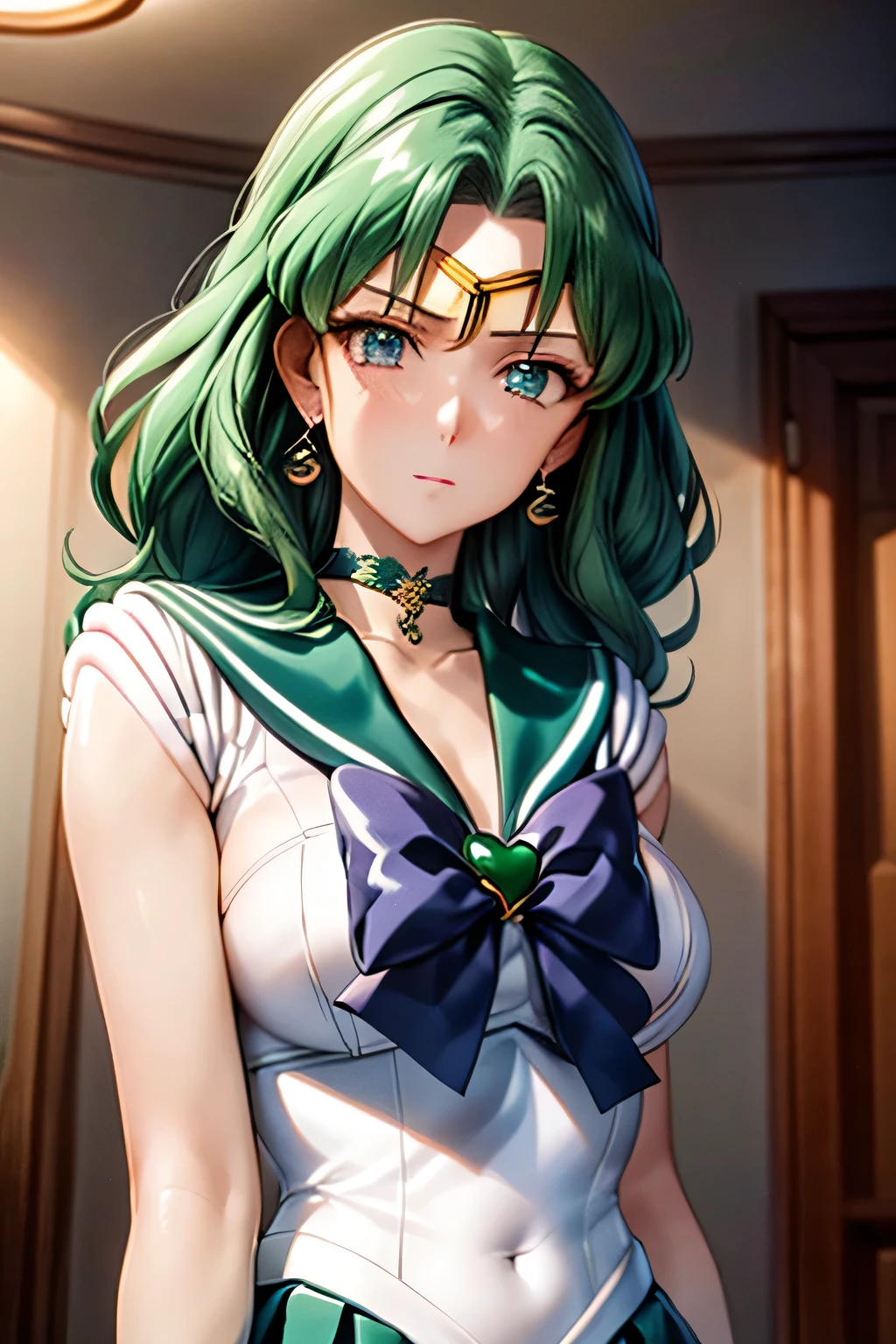 (masterpiece:1.2), best quality, high resolution, unity 8k wallpaper, (illustration:0.8), (beautiful detailed face:1.2, beautiful detailed eyes:1.2), perfect lighting, extremely detailed CG, (perfect hands, perfect anatomy),
Cute, beautiful, charming lady, shiny hair, lustrous skin, beautiful light big eyes,
milf, married woman, soft With a gentle appearance and a gentle mother-like atmosphere,
Feminine style, beautiful kubire, beautiful, naughty face,
neptune_a, dark green hair, medium hair, aqua eyes, circlet, jewelry, earrings, choker, sailor senshi uniform, green sailor collar, chest bow, back bow, plead skirt, green skirt, white elbow gloves,