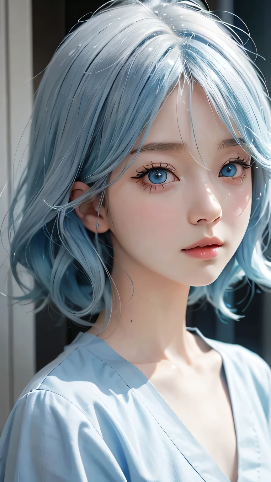 Close up of person with blue hair and white shirt, real life anime girls, cute and natural anime face, Urjan, blue skin, beautiful blue hair girl, Pretty girl with blue hair, blue eyes,realistic young anime girl, anime girls cosplay, Beautiful Anime Faces, animation style, anime inspiration, Cute anime face, Beautiful Anime Faces, beautiful animation style