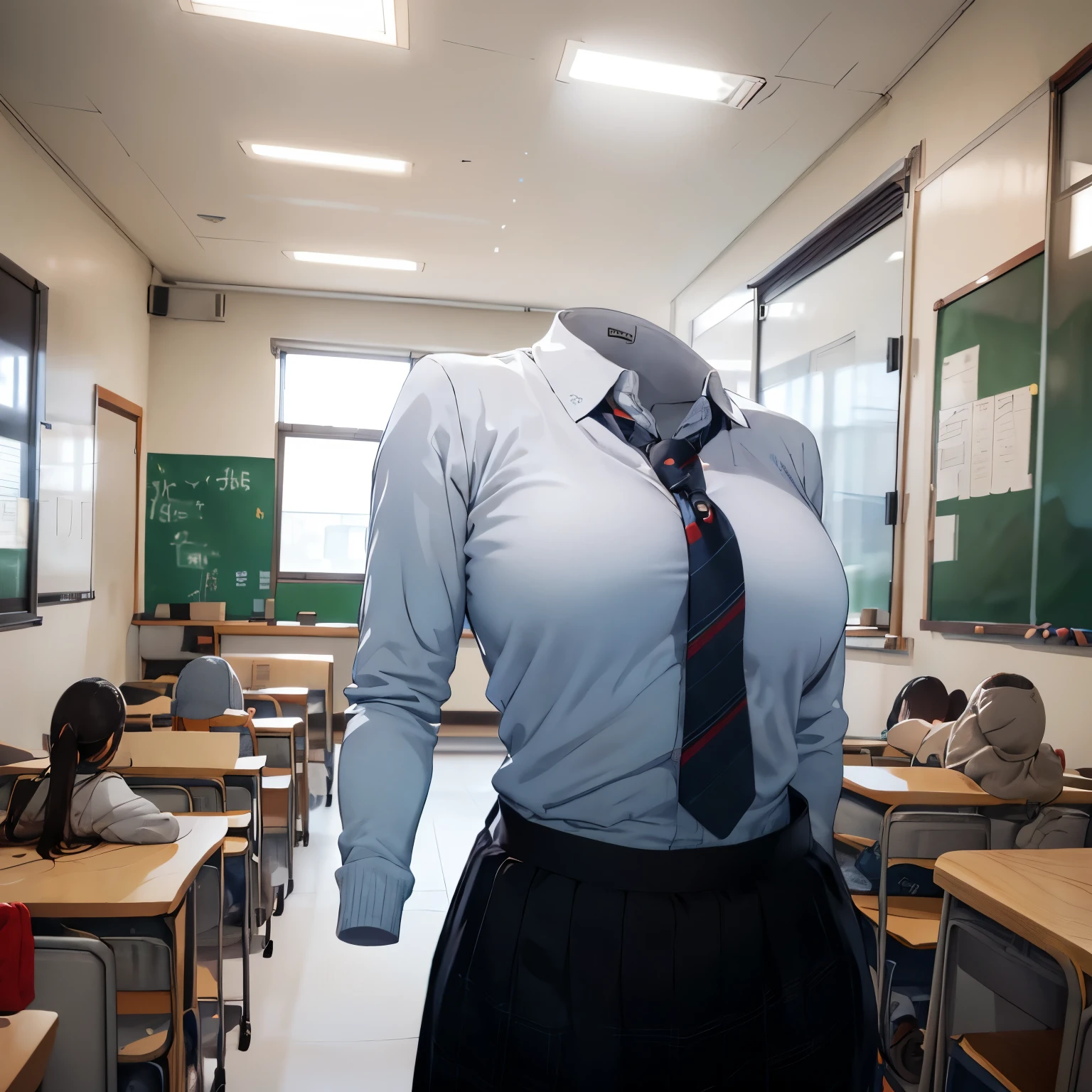 sweater, in classroom, talking with friends, plaid skirt, stripe tie, cute big breasts, (invisible, no human, headless, handless:1.5)