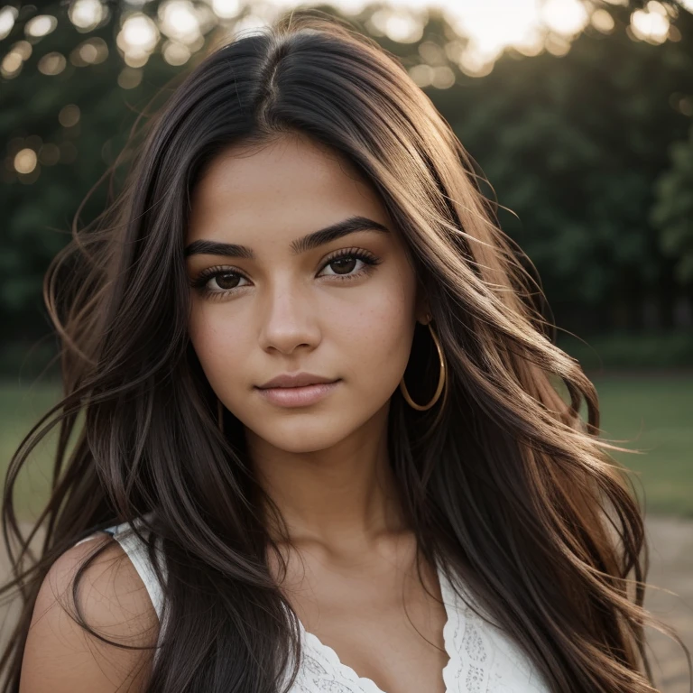 A photorealistic portrait of a 21-year-old colombian girl with long, flowing dark hair and striking dark eyes. She should have a natural, approachable expression and be illuminated by soft, golden-hour sunlight. The background should be a scenic outdoor setting, perhaps a sunlit park or beach. Capture this image with a high-resolution photograph using an 85mm lens for a flattering perspective.