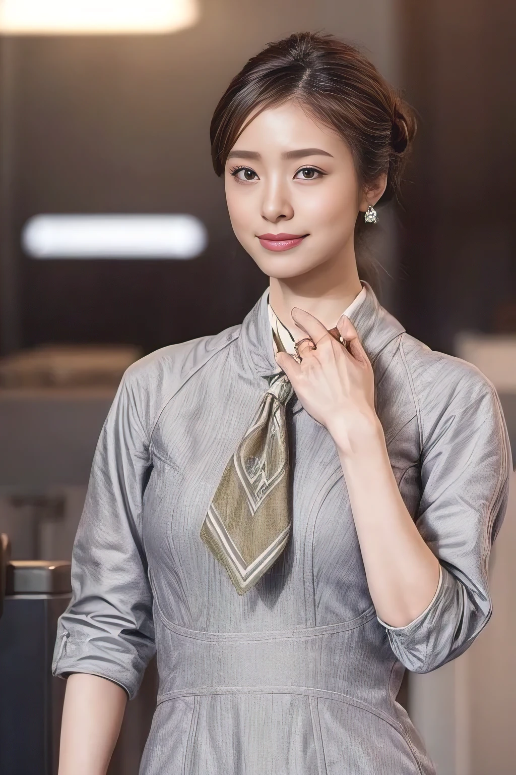 (masterpiece:1.2、highest quality:1.2)、32K HDR、High resolution、(alone、1 girl、Slim figure)、(Realistic style with Starlux Airlines uniform)、 (In the airport lounge, Professional Lighting)、(Starlux Airlines silver uniform:1.4)、(Starlux Airlines silver uniform with short sleeves)、(scarf on chest)、Big Breasts、(Long hair updo、Long hair tied back in a chignon)、Dark brown hair、Long Shot、((Fine hand:2.0))、((Harmonious body proportions:1.5))、((Normal limbs:2.0))、((Normal finger:2.0))、((Delicate eyes:2.0))、((Normal eyes:2.0)))、Beautiful standing posture