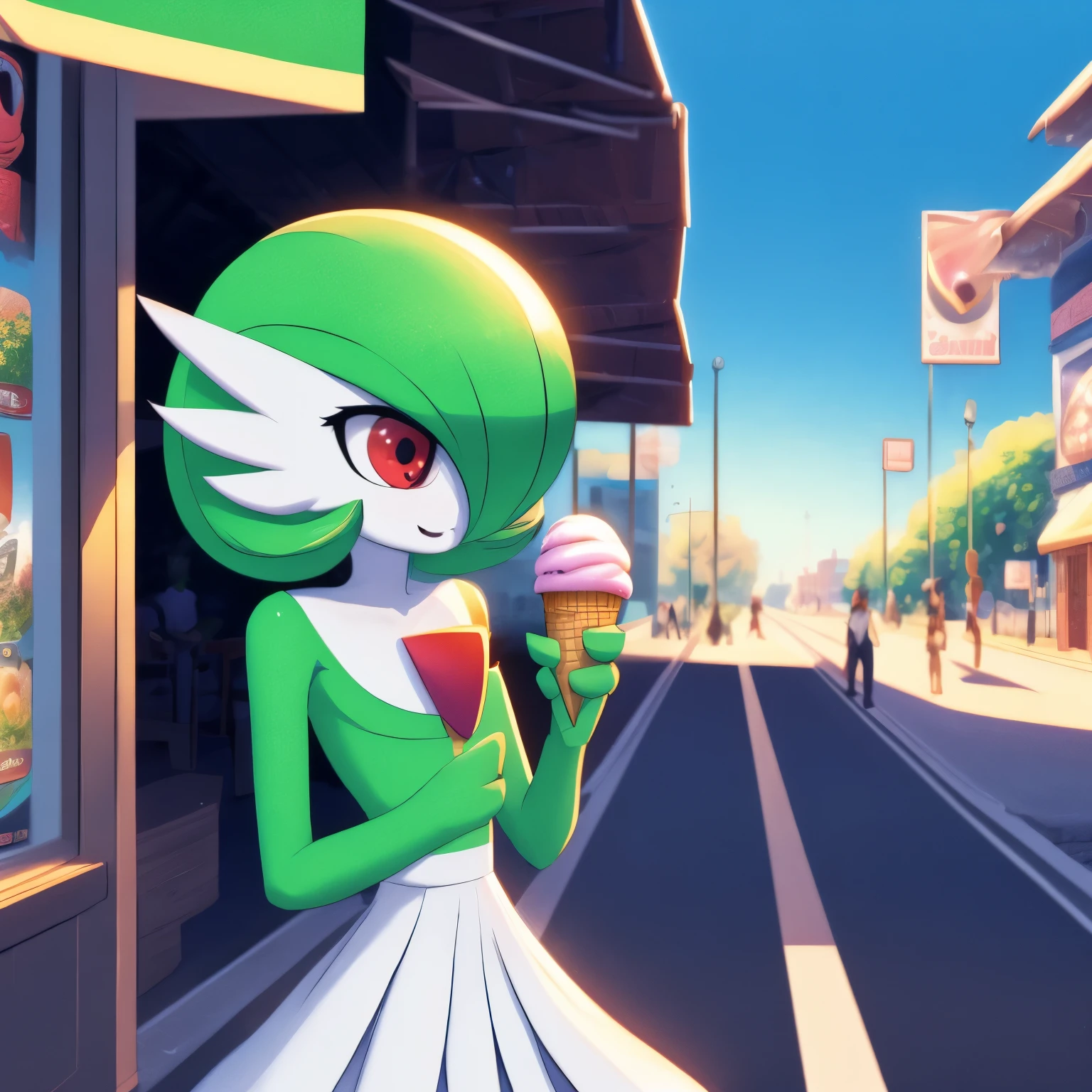 best quality, Gardevoir, pokemon, 1girl, solo, short height, red eyes, green hair, beautiful, small mouth, wink, slim, cute, slender body, looking at viewer, blurry background, outdoors, city, half body, slim, ((masterpiece)), best quality, 4k, cinematic lighting, ray tracing, reflected light, panorama, flat chest, high detailed illustration, high detailed background, hi-res, pokemon \(creature\), slim legs, small feet, licking ice cream, ice cream cone, white legs