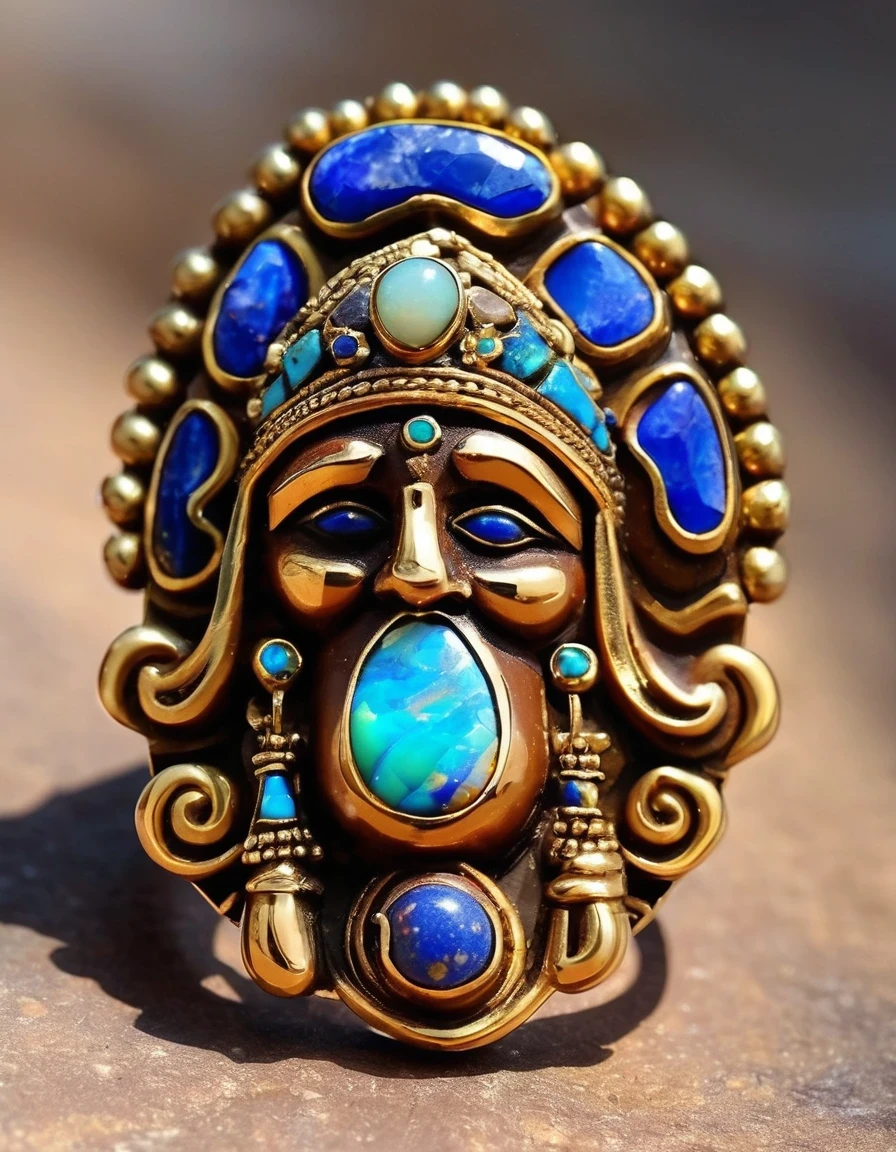 Indian abstract cartoon rain god image ring design，The main stone is an irregular brown and blue petrified opal，Indian elements，The matching stones are small amounts of lapis lazuli and turquoise，Clams，bead，gem