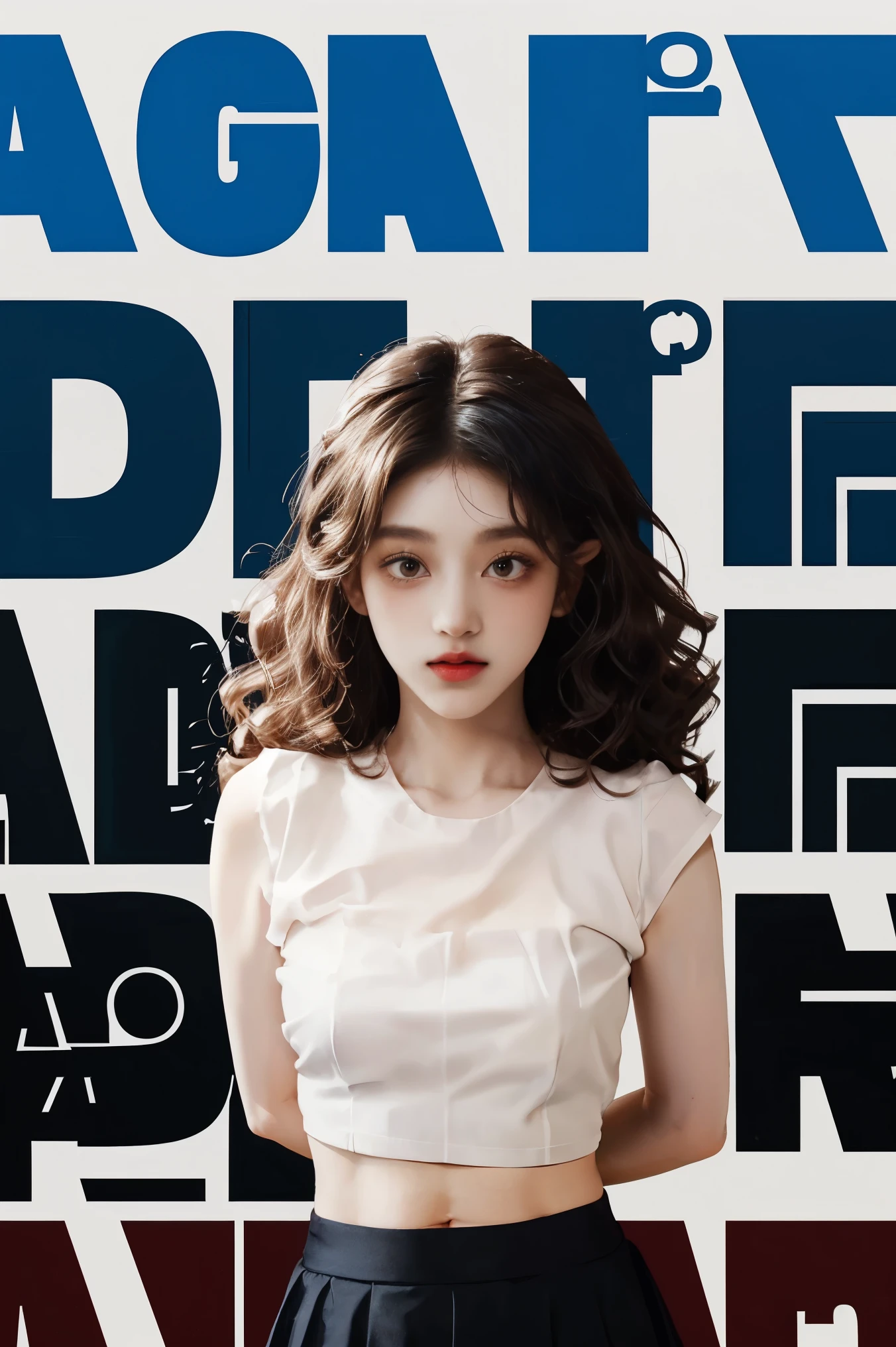 white t-shirt, Black Tulle_skirt, belly button visible, 1 Korean beauty,  (Perm Hair Curly:1.2), (from above), (on_stomach:1.5) , (arms_behind_back:1.5), looking at the camera,