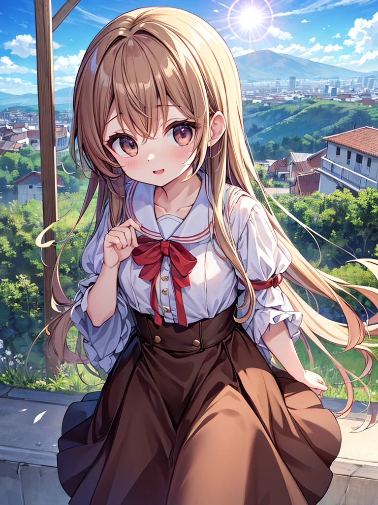 absurderes, hight resolution, (Anime style:1.1), ((masutepiece)), ((Best Quality)), (Ultra-detailed), (Beautiful), solo, Beautiful face、(liftup),Cute looking down on the ground from bad scaffolding on top of 2000m skyscraper,Wind,thin brown hair, eyes are brown,Laugh,Looking at Viewer,Lens Flare,Dramatic,Ancient cities、Skirt fluttering in the wind、Clouds below looking down、highland、See below、Don't look here