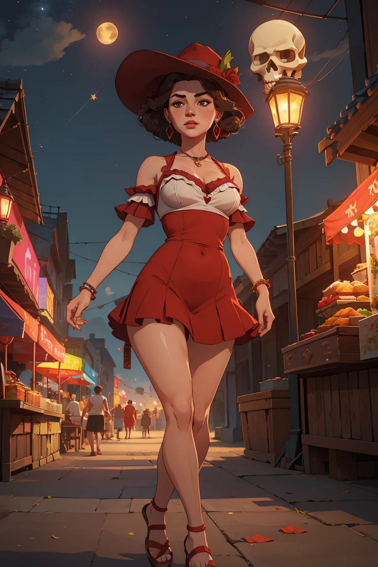 Solo, jewish girl, cascina caradonna, 1girl, (very curly open wild dark brown hair), wide seductive lips, smirking, skin, larger nose, high detailed face, 4k , camletoe, (small breasts, straight waist,wide hip, slightly chubby body,inflated legs,thick thighs,(detailed face)), 4k, look at camera, highly detailed face, (short red summer dress with frilly skirt and open sides, showing deep cleavage and open back and sides), deep cleavage, no sleeves, (walking on mexican night-market), candles in the background, people buying at food stalls, churritos, food, ((flat sandals)), (Kentucky Derby Red Wide Brim Hat), (skull earrings), (full-body), wide perspective, 8k, partices in air, moon in sky, street lanterns, colorfull environment