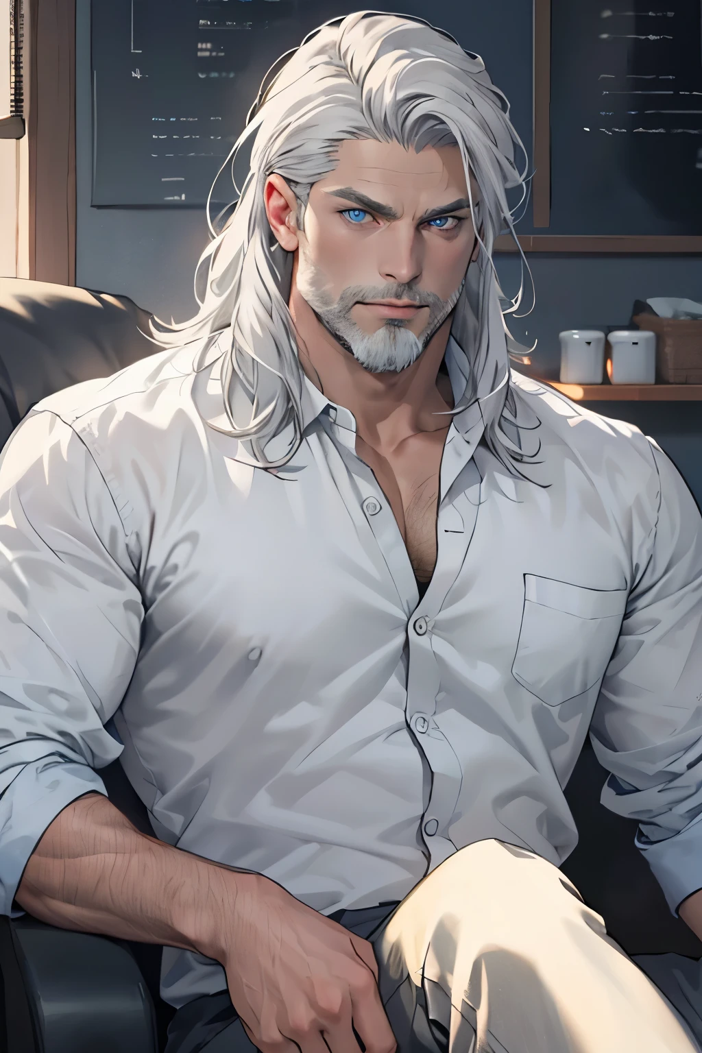 Viking-liked, middle-aged, long grey hair, grey beard, strong, clam, blue eyes, handsome man, white shirt, anime style.