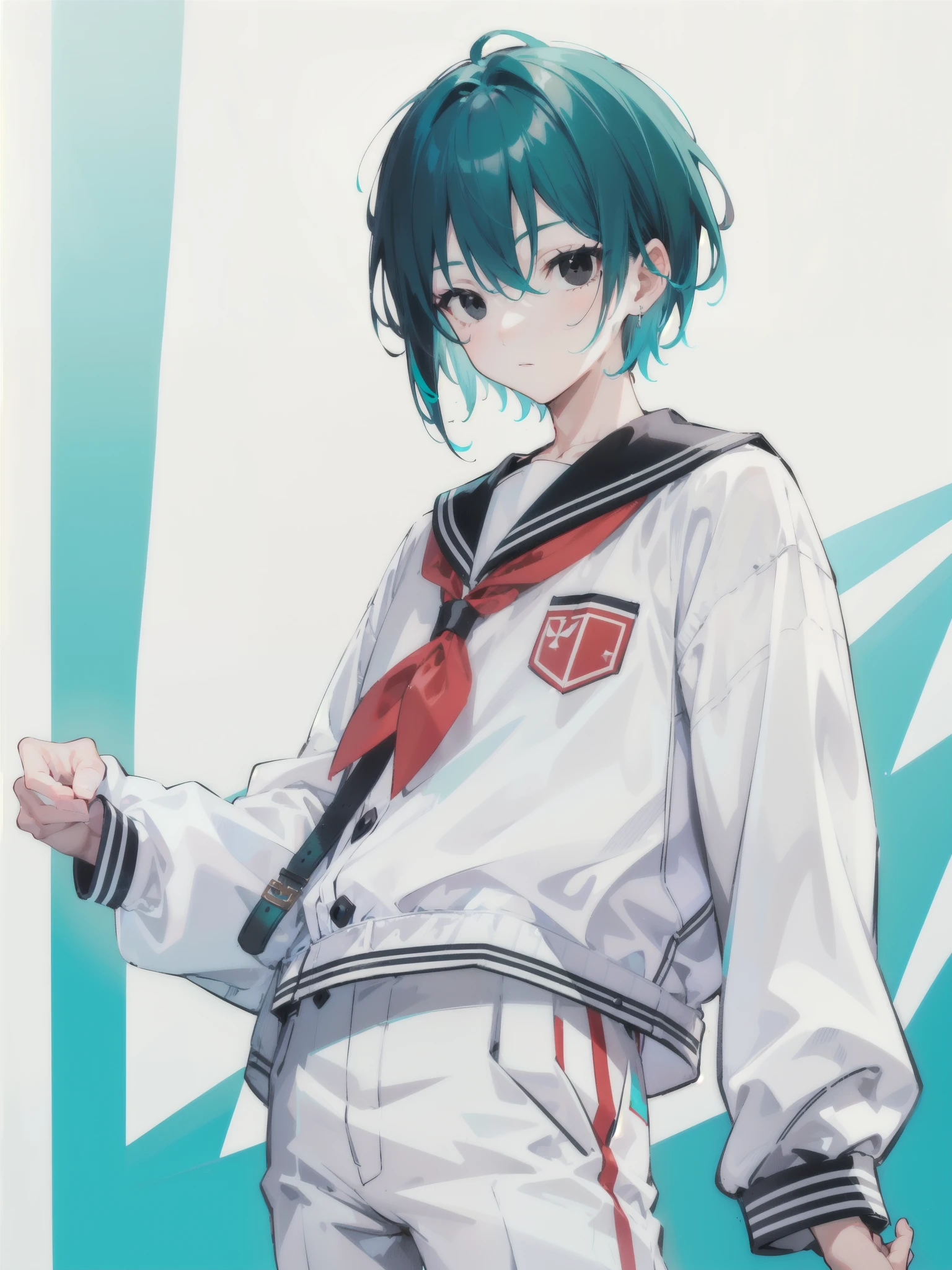 a boy, teal hair, male short hair, ((black eyes)), white sailor suit, trousers