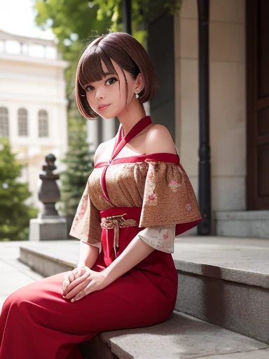 (Masterpiece、Ultra-detailed、8k、Realistic)、Short hair with bangs、Brown Hair、Off-the-shoulder red mini hanbok、Sitting on stone steps、Looking at the camera、(Medium chest: 1.2, Small waist)、(Real Photo, Rich details, Depth of written boundary), (1 girl, alone), (perfect face shape:1.4),