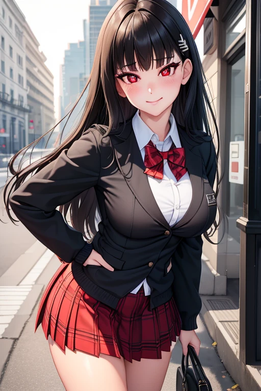 ((masterpiece, best quality, highres, UHD, perfect pixel, depth of field)), (smooth CG, photorealistic:1.1, realistic texture, detailed face), Rio, 1girl, large breasts, seductive, busty, smile, natural light, cinematic, black hair, long hair, blunt bangs, (red eyes, beautiful pupils), (school uniform, cardigan, red bowtie, plaid skirt, black jacket, open jacket), street view, dynamic pose, from below, pov, look at viewer, blushing