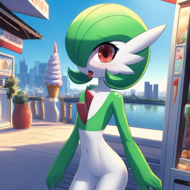 best quality, Gardevoir, pokemon, 1girl, solo, short height, red eyes, green hair, beautiful, small mouth, wink, slim, cute, slender body, looking at viewer, blurry background, outdoors, city, half body, slim, ((masterpiece)), best quality, 4k, cinematic lighting, ray tracing, reflected light, panorama, flat chest, high detailed illustration, high detailed background, hi-res, pokemon \(creature\), slim legs, small feet, licking ice cream, ice cream cone, white legs