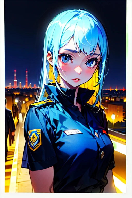 alone, (Police uniform, Female police officer), stockings, City lights, (Looking at the audience: 1.3), Release your lips, Red lips, Shiny skin, Skin dents, highest quality, Ultra-high resolution, (realism: 1.4),  