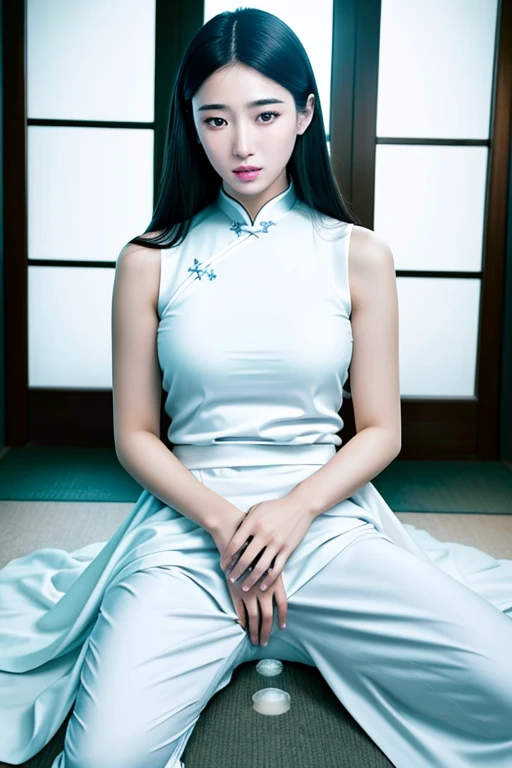 (Realistic:2),(masterpiece:2), (highest quality:2),8k,highest quality、(lips are white:2),woman、delicate、beauty、1 person,((Lackluster lips:2.4)),Kuma:2,(Masturbation:2.2),(Blowjob:1.8),(Underarm hair:1.6),pubic hair:2、Spread your legs,(White Lips:1.4),(Lips are white:1.8),(Her lips are beige:1.4),(Thin lips:1.4),(Half-open eyes:1.4),Subtle lip wrinkles、(Drooling from the lips:1.2),(High nose:2.2),Thin Nose:2,(Clear Eyes:1.2),Long Hair,Wavy black hair、(Thin eyebrows:1.2),Narrow forehead、(Pale complexion:2),(Please open your thighs:1.8),(White Chinese clothing:2),(Sleeveless:2),(No makeup:2)),(No makeup:2),(Beautiful breasts:1.2),Good move....、4K, Thin arms, Thin thighs, Long legs, delicateな体, slim, Tight waist, Fine skin,Dynamic Angle, pubic hairを見せる、Spread your legs、Underarm、Underarmの細かいシワ、Underarmの皮膚が黒い、黒いUnderarm、(Very detailed), (Detailed face), ((18歳woman)),(Very nice hands:1.4),日本人woman, alone, Realistic Skin, Realistic Face, Spread your legs, 完璧な体型を持つ美しいwoman: 1.4、slimな腹筋:1.2、double eyelid,Realistic Skin, Realistic Face, Looking at the camera, ((highest quality, 8k, masterpiece: 1.3)), 完璧な体型を持つ美しいwoman: 1.4, Highly Detailed face and skin texture,Very detailed, Realistic Skinのテクスチャ, Cool girl、Wavy Hair、flowing bangs、Tight Chinese clothing、Sleeveless、evil brainwashing、Mind control、Grin、Whisper in my ear、evilな表情、evil、Hollow Eyes,Half closed eyes、Hollow Eyes、evil、Church at night、Swear allegiance、Sexy pose、Semen On , Penis Facial, ((Sticking out tongue, Open your mouth))