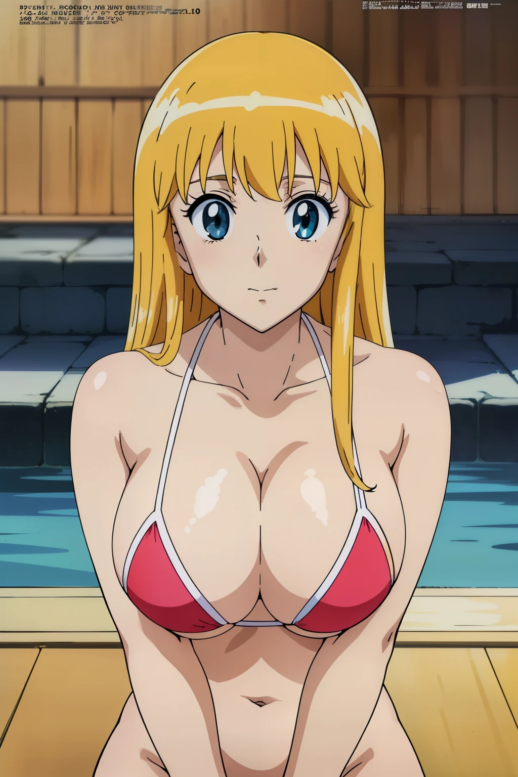 (anime cels style, Masterpiece, best quality, high resolution, anime colored, megami magazine:1.2, anime poster style, anime keyvisual, sharp, 8k, photorealistic), (beautiful eyes:1.5), reiko_aiwaifu, 1woman, milf, blond hair, long hair, (sagging huge breast), (beautiful nude), bikini, cleavage, (upper body:1.3, sitting), (perfect detailed anatomy, perfect arms, perfect fingers, beautiful face, perfect body, shiny skin), onsen, 