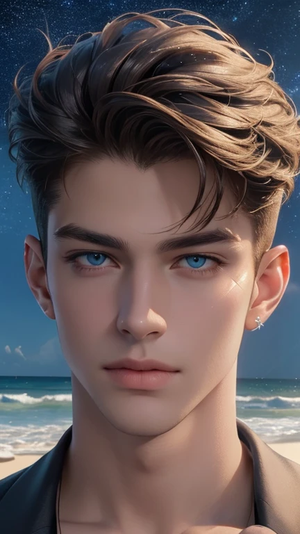 4K, High resolution, best quality, masterpiece, perfect color, perfect shade, perfect lighting, Posted by:e621, ((portrait)), ((handsome man)), perfect male figure, Short hair details,Detailed face, perfect face, (stand up), Detailed background, ((Bonifasco Lighting)), (exquisite eyes),((Hair like stars,sparkling)),starry sky,sea,beach
