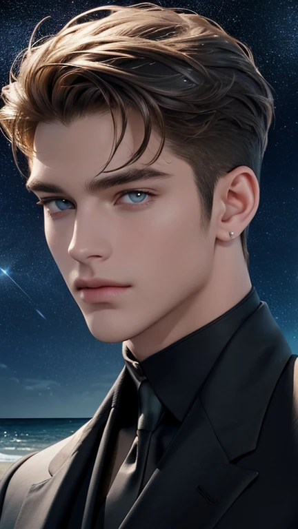 4K, High resolution, best quality, masterpiece, perfect color, perfect shade, perfect lighting, Posted by：e621, ((portrait)), ((handsome man)), perfect male figure, Short hair details，Detailed face, perfect face, (stand up), Detailed background, ((Bonifasco Lighting)), (exquisite eyes),((Hair like stars，sparkling)),starry sky,sea，beach