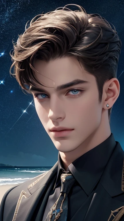 4K, High resolution, best quality, masterpiece, perfect color, perfect shade, perfect lighting, Posted by:e621, ((portrait)), ((handsome man)), perfect male figure, Short hair details,Detailed face, perfect face, (stand up), Detailed background, ((Bonifasco Lighting)), (exquisite eyes),((Hair like stars,sparkling)),starry sky,sea,beach