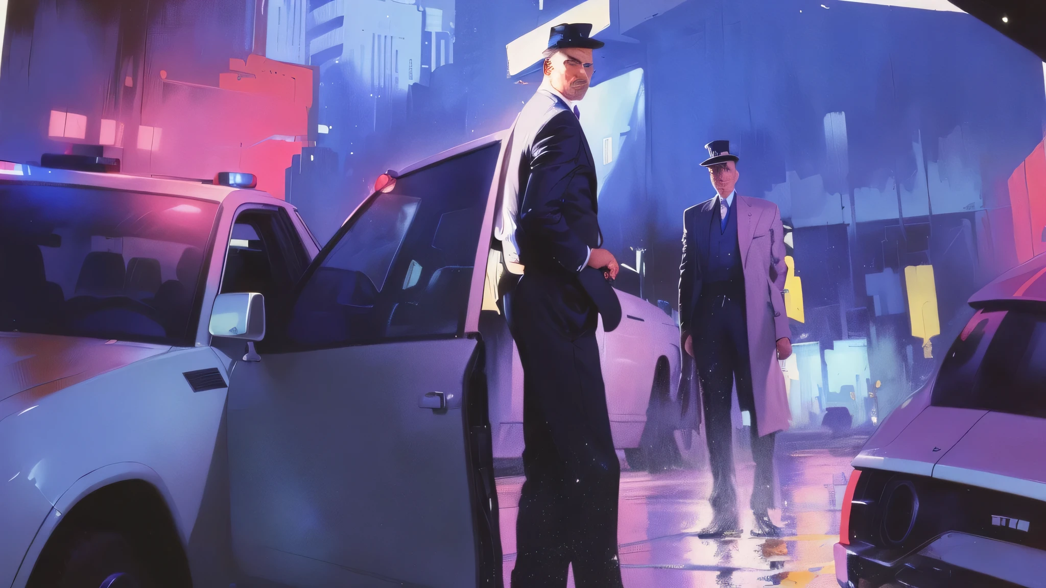 The painting shows a man in a suit and tie standing in front of a police car, Syd Mead's Style, syd mead movies, author:Robert Peake, author:Craig Thompson, in Syd Mead's Style, the Syd Mead's Style, author:Andrew Robinson, syd mead color scheme, sid mead style, Movie scene close-up, John Schoenhull, Ed Hope