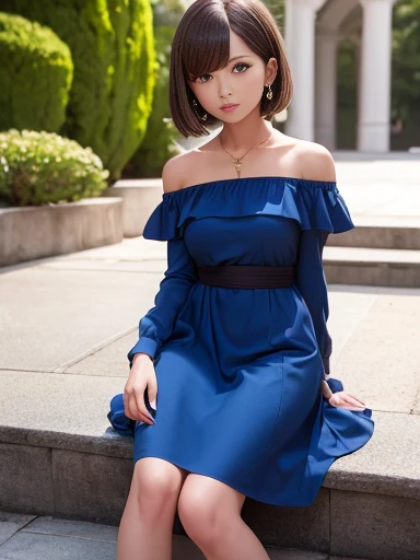 (Masterpiece、Ultra-detailed、8k、Realistic)、Short bob hair with bangs、Brown Hair、Off-the-shoulder blue mini Chinese dress、Sitting on stone steps、Looking at the camera、(Medium chest: 1.2, Small waist)、(Real Photo, Rich details, Depth of written boundary), (1 girl, alone), (perfect face shape:1.4),