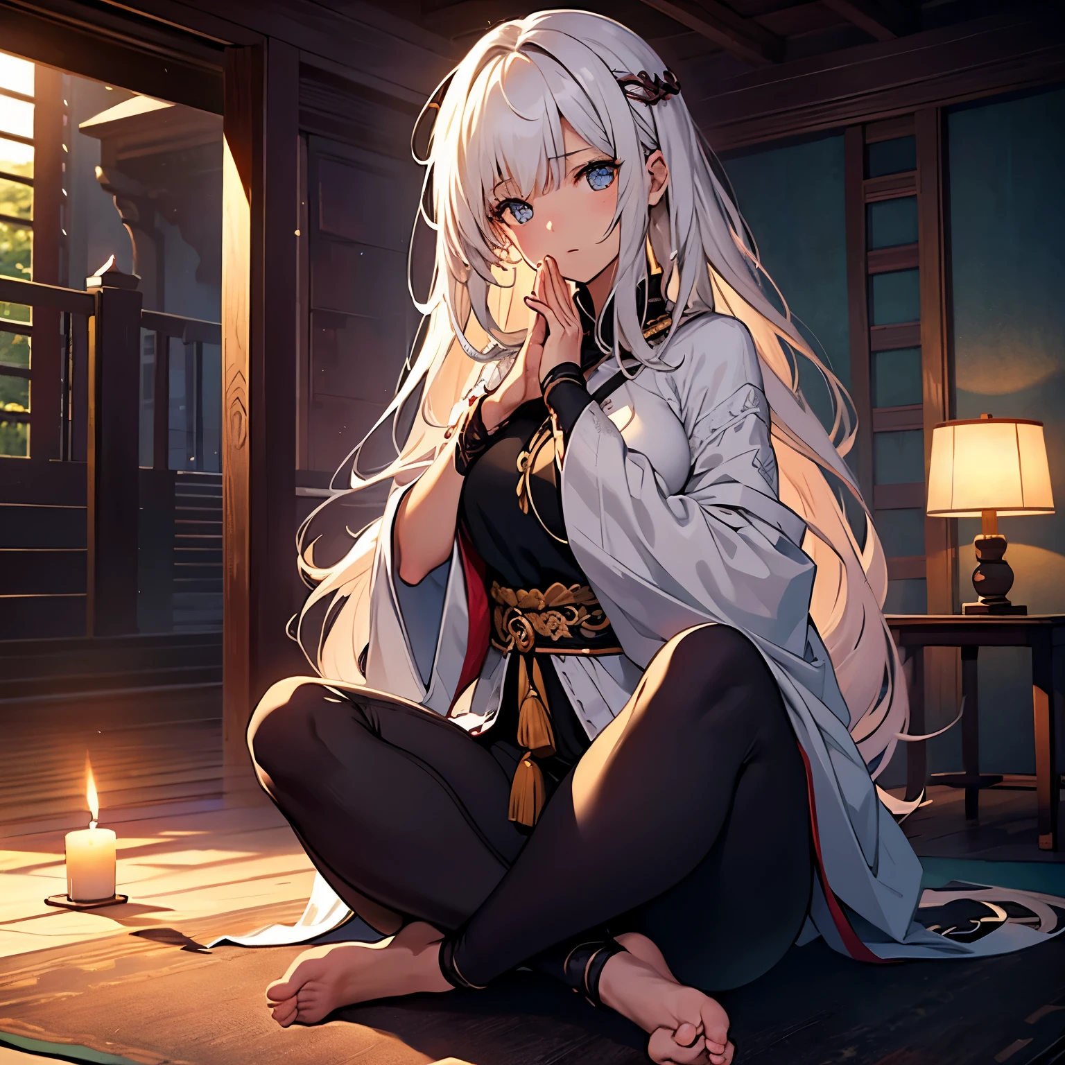 (Very detailed CG ユニティ 8k 壁紙)、(masterpiece)、(highest quality)、(Very detailed)、(Best illustrations)、(Best Shadow)、Girl doing yoga、Peaceful and serene background、Beautiful Eyes、Long flowing hair、 Healthy and strong body, Yogi Clothing, Elegant pose, Hold your toes with one hand,Raise one hand up、 Candlelit Room, Relaxing Music, Soft and gentle lighting, Mindfulness Meditation, Zen atmosphere, Professional photography techniques, Bright colors, Natural light