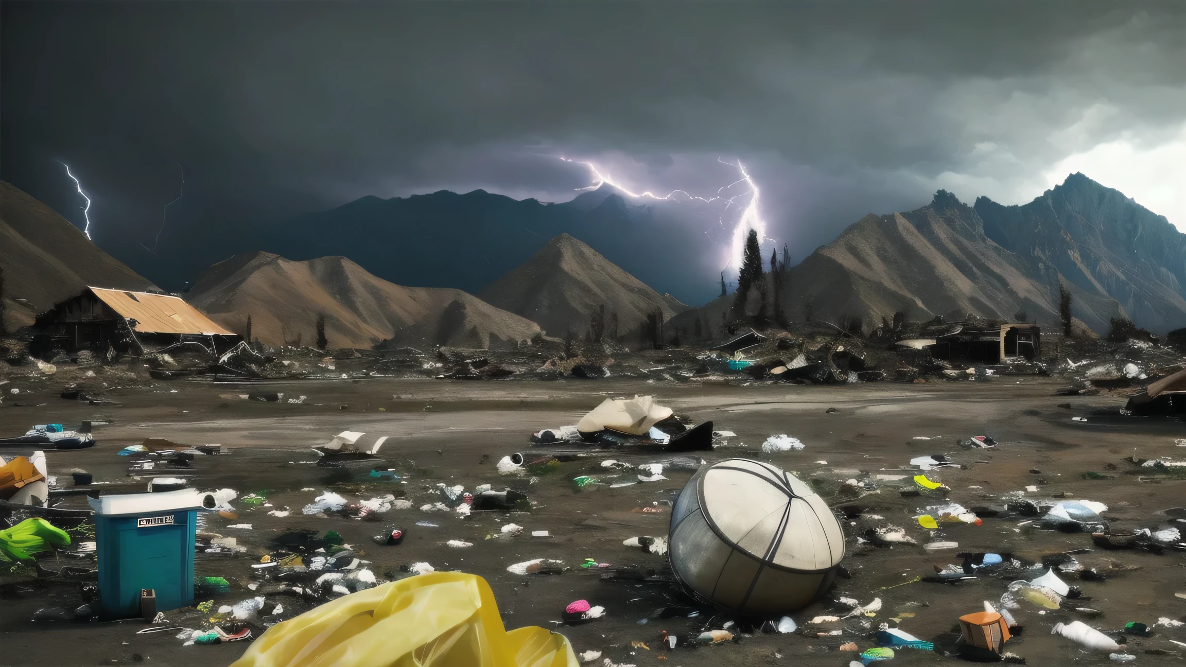 A landscape of a decaying planet full of trash and what remained of the trash after a nuclear disaster, the sky is greyish and full of toxic clouds, an unhealthy sky where we just see glimpses of light coming through the clouds, we see some mountains in the background and around the mountains we see some epic lightning and thunder bolts, the scene of the decaying planet is a sad reality, here and there we see green toxic smoke coming from the holes in the ground, we see a ruined city or what reminded of a sad sight, a destroyed and a scorched ruined and decaying city, cinematic, epic, UE5, hyper realistic, very detailed, awesome shadowing, 32k, raytracing, sharp focus.