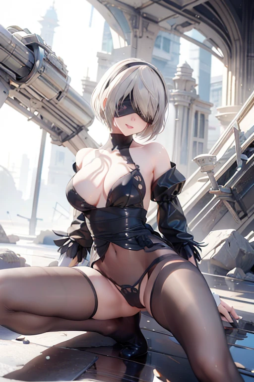 ((highest quality)), ((masterpiece)),(detailed),Perfect Face,One girl, Five Fingers, Game Characters,2B,Yoruhano. 2 Type B,Nier Automata, Blindfold,Black eye mask,hair band, Super Beauty,Glossのある銀髪,Short Bob Hair,High resolution,Second dimension beautiful girl, Big Ass,Big Breasts,glamorous_expensive_Tight waist_Long legs,curve, gleaming skin,Camel Toe,Gloss,smile,Sitting on a rock,Spread your legs slightly,Mysterious cave,Stalactites,Lean back,