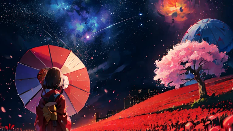 One girl, distant girl wearing a kimono staring at the performer, (Zoom out:1.1), (Meteors:1.2), (comet:1.1), yourname, Low Angle, From behind, Alola, shooting star, yukata, red kimono, cherry blossoms, Standing in the field,highest quality, masterpiece,  cloud,colorful, Starry sky,performer,