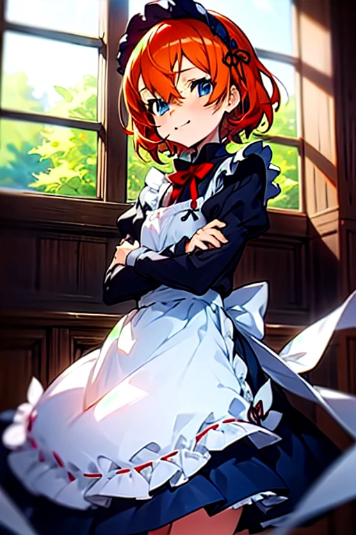 masterpiece,highest quality,anime,(2D:1.2),indoor, ,  One girl, roswaal mansion Maid uniform, alone, Maid, Cyan blue eyes, short hair,bow hairband, Hair between the eyes, Removable sleeves, View your viewers, Red Hairband,ribbon, bangs, Recall, bow, Orange Hair,red ribbon, Black sleeves, window, Long sleeve, apron, white bow, Frills,ribbon trim,A light smile, with own hands,