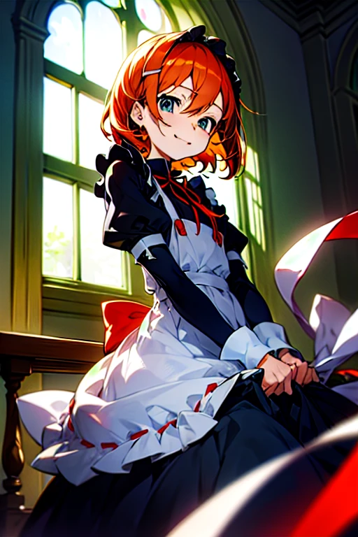 masterpiece,highest quality,anime,(2D:1.2),indoor, ,  One girl, roswaal mansion Maid uniform, alone, Maid, Cyan blue eyes, short hair,bow hairband, Hair between the eyes, Removable sleeves, View your viewers, Red Hairband,ribbon, bangs, Recall, bow, Orange Hair,red ribbon, Black sleeves, window, Long sleeve, apron, white bow, Frills,ribbon trim,A light smile, with own hands,