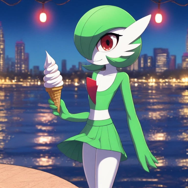 best quality, Gardevoir, pokemon, 1girl, solo, short height, red eyes, green hair, beautiful, small mouth, wink, slim, cute, slender body, looking at viewer, blurry background, outdoors, city, half body, long skirt, slim, ((masterpiece)), best quality, 4k, cinematic lighting, ray tracing, reflected light, panorama, flat chest, high detailed illustration, high detailed background, hi-res, pokemon \(creature\), slim legs, small feet, licking ice cream, ice cream cone, white legs