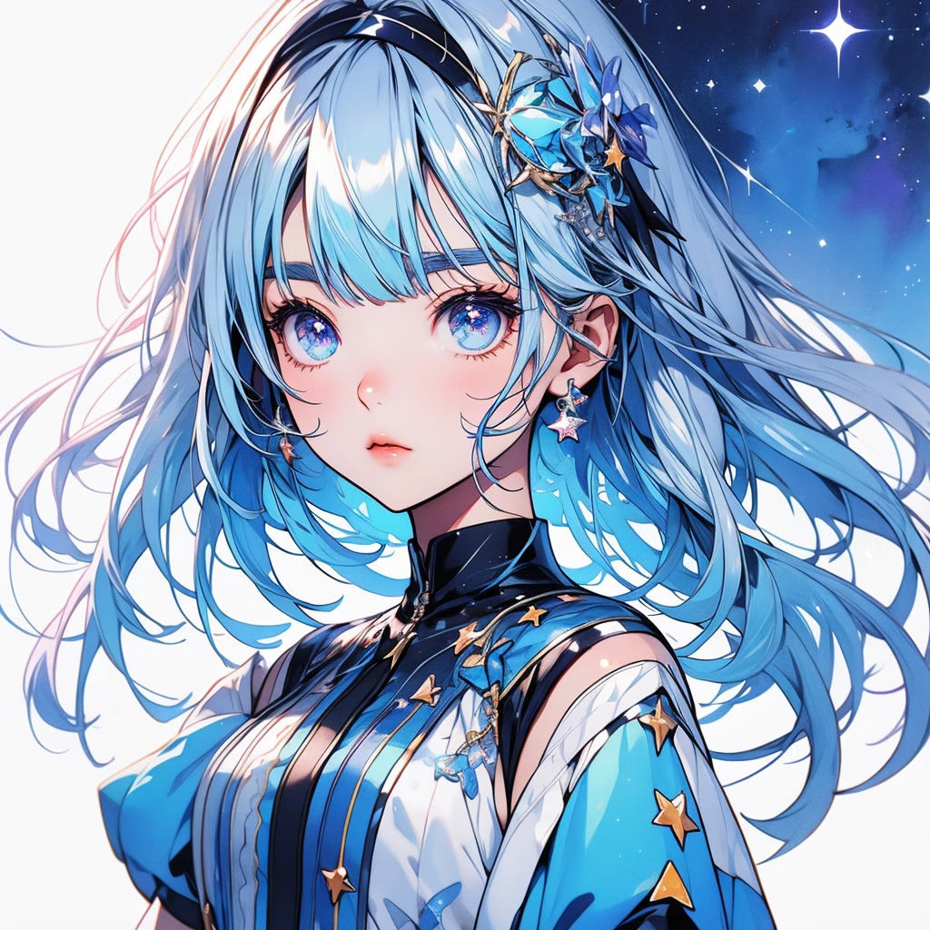 Star Fairy、glow hair 、Vtuber half、Bangs shorter than eyebrows Aster Piece、highest quality、Best illustration、Super fine、Upper Body、solo、1 girl、looking at the camera、upright、Arms at your sides、Beautiful delicate eyes、Concept Art、More frontal、White background、Simple Background、Droopy and large eyes、Ultra-fine mesh、Sparkling Eye Silky White and Blue Gradient Long Hair、Short sleeve、Watercolor pencil、Kind Face、Virtual YouTuber、