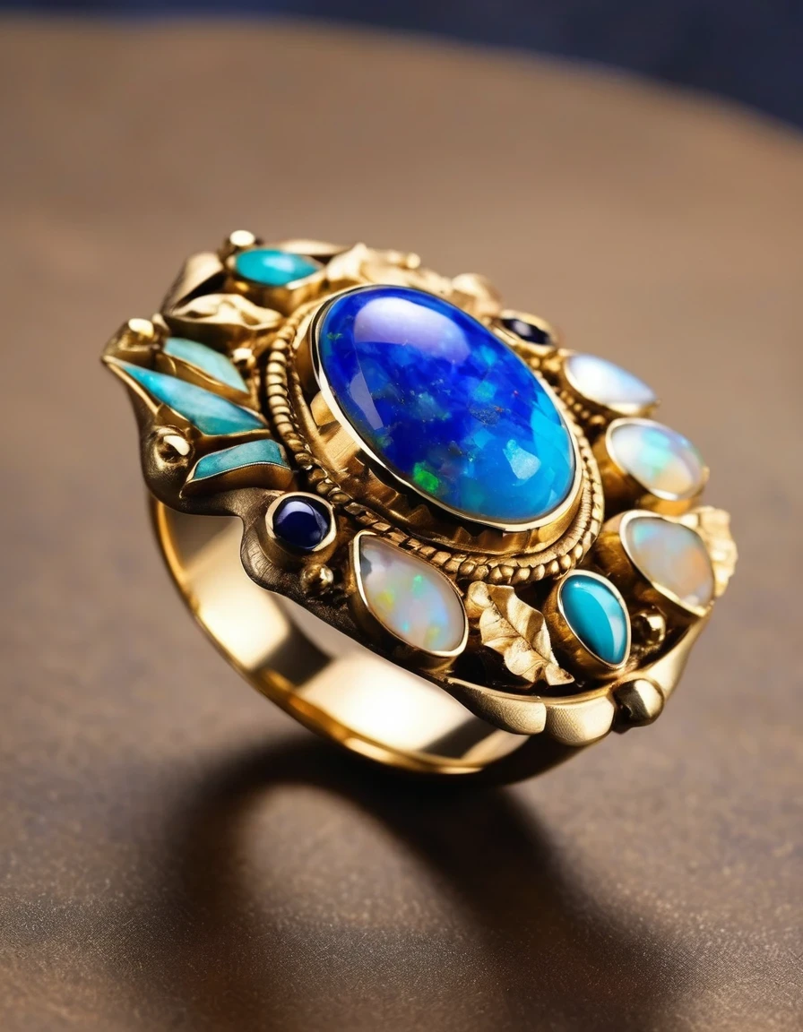 Indian traditional abstract ring design，The main stone is an irregular blue gradient opal，Indian elements，The matching stones are small amounts of lapis lazuli and turquoise，Clams，bead，gem