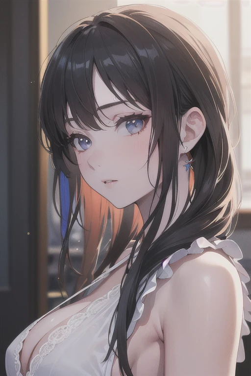 ((best quality)), ((masterpiece)), (8k, photorealistic, RAW photo, best quality: 1.4), (detailed), perfect face, Extremely detailed, extremely colorful, most detailed, Nightie, from the side, sideboob, perky breast