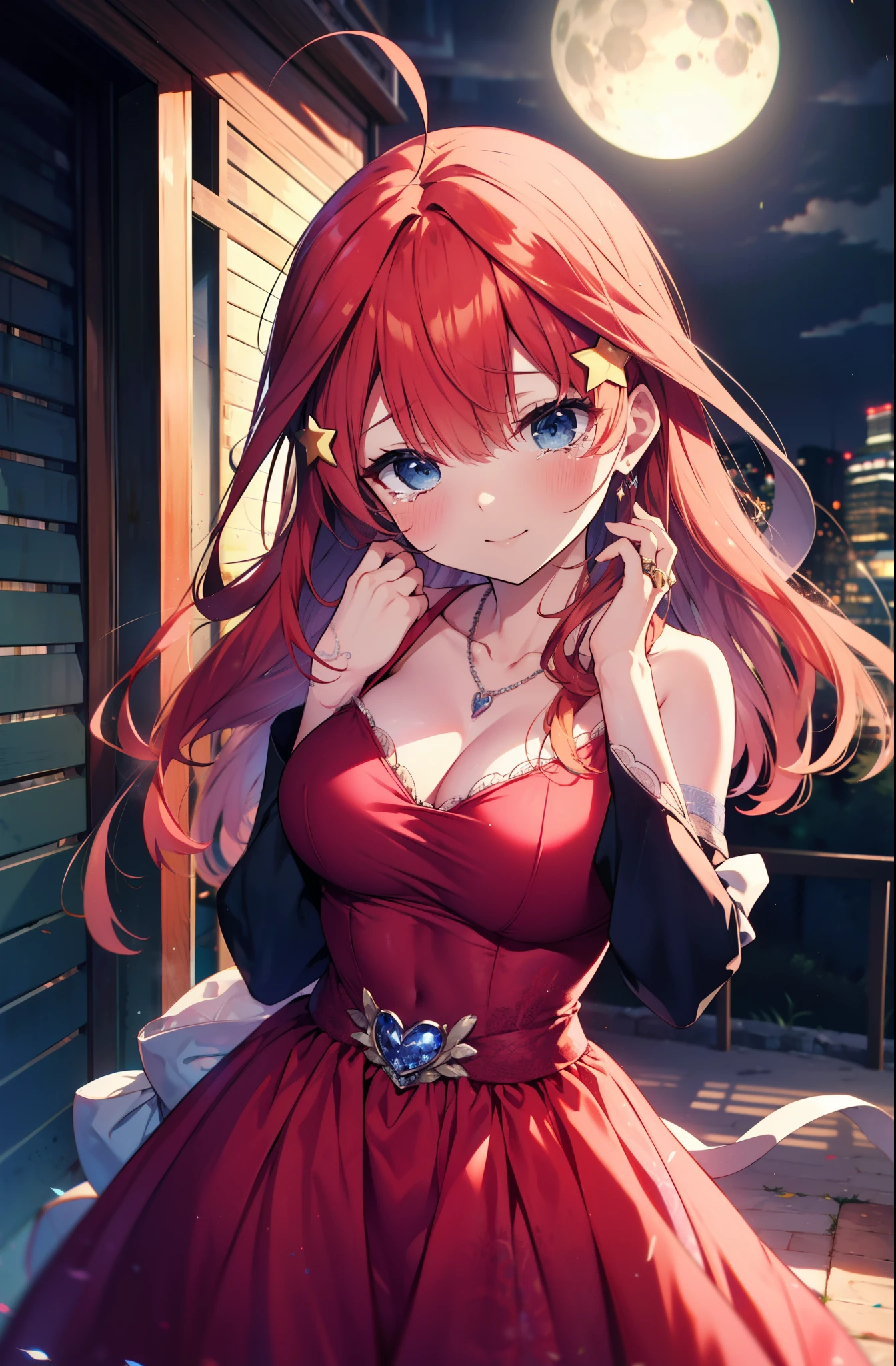 itsukinakano, Itsuki Nakano, bangs, blue eyes, Hair between the eyes, Ahoge, Redhead, star \(symbol\), hair ornaments, tiara,star hair ornaments,smile,blush,Red dress,Long skirt,Red Pin Heel,No sleeve,Expose your shoulders,Bare arms,Bare neck,bare clavicle,He is wearing a wedding ring on his left ring finger,Heart Necklace,Tears stream down her face,Tears of joy,I cry a lot,Romantic night view,moonlight,
break outdoors, hill,
break looking at viewer, (Cowboy Shot:1.5),
break (masterpiece:1.2), highest quality, High resolution, unity 8k wallpaper, (shape:0.8), (Beautiful details:1.6), Highly detailed face, Perfect lighting, Highly detailed CG, (Perfect hands, Perfect Anatomy),