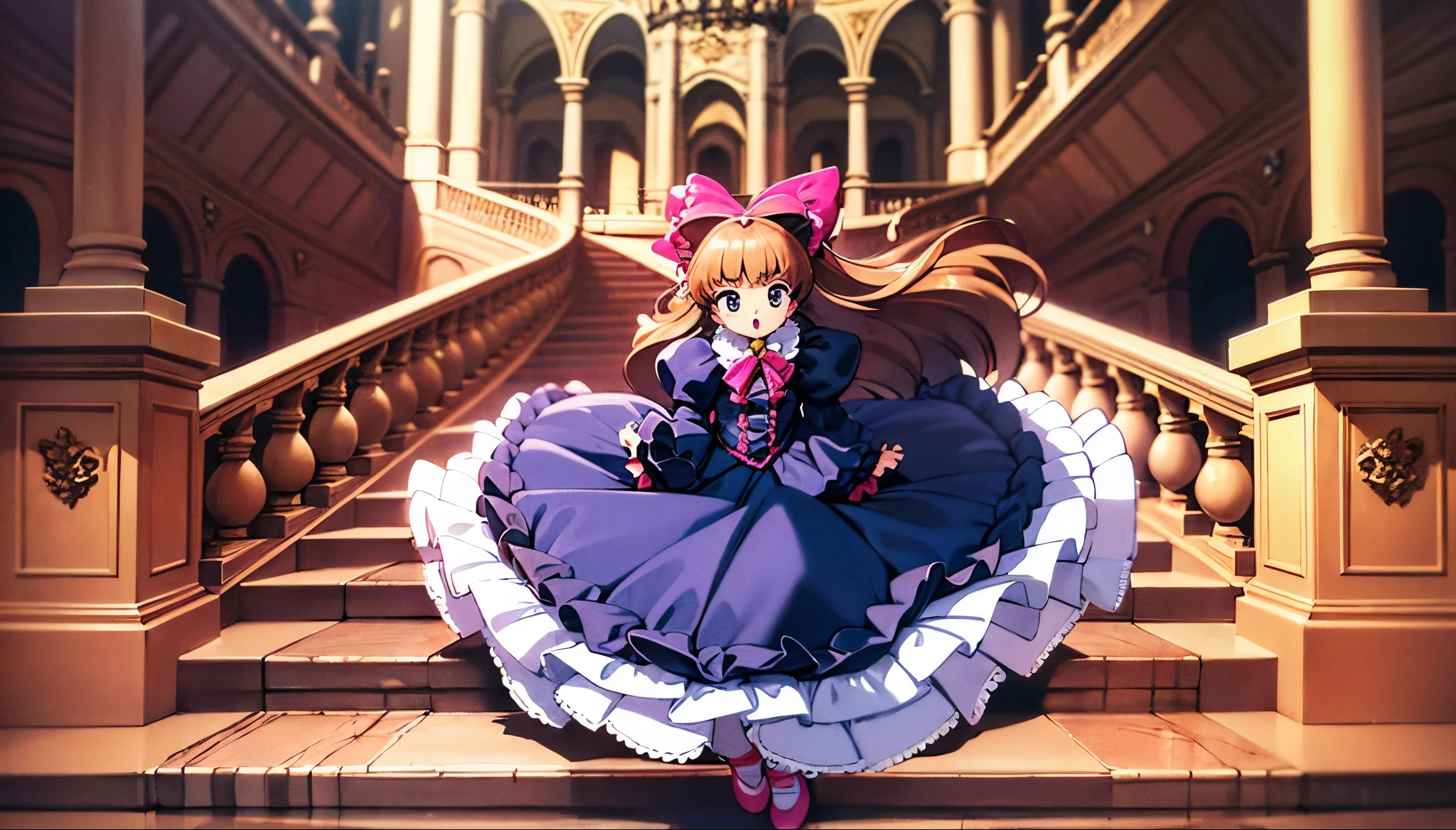 ,highest quality, masterpiece, Highest Resolution, artwork, super それにGet used to it, many Get used to it, Get used to it, それにGet used to it, ,,((10-year-old girl)),Super detailed baby face,Princess、Full-length ball gown dress with hoop skirt,Frilled yoke collar,Ribbon woven on chest,Puff sleeves,Long sleeve,((Lolita style hot pink detailed princess satin dress、Lots of frills and ribbons。)),crazy'Colorful Fashion,Shiny silk satin dress,Soft and smooth silk satin fabric,luxury,Long blonde hair,blue eyes,White skin European,pajamas,Gorgeous flowing dress,Fine white ruffles and lace,((((An illustration of a princess running down the stairs of a luxurious European castle)))),