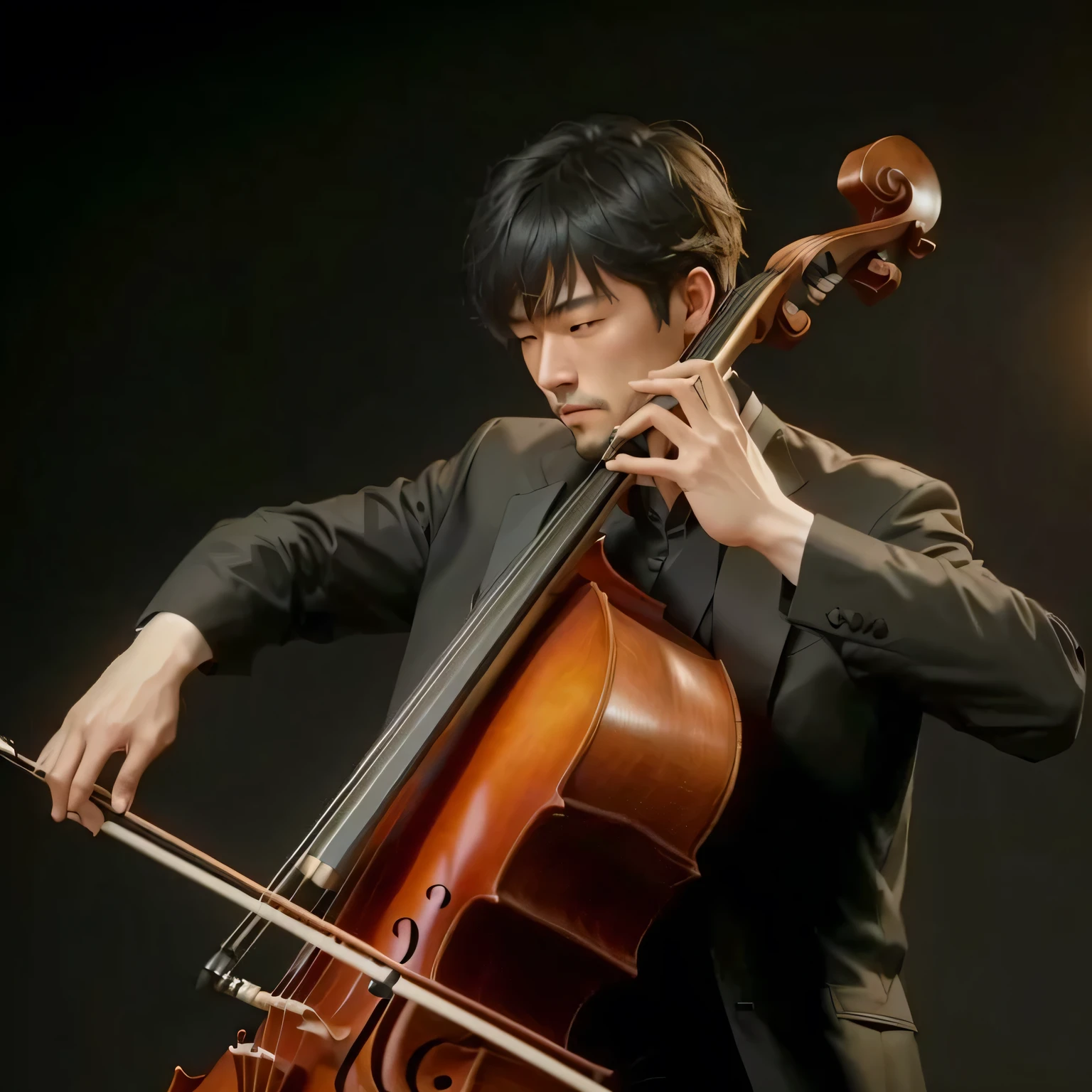 arafed man playing Cello on a dark background with a light bulb, Zheng Zhongyuan Charles Jeong, yanjun chengt, Cello, Korean Artist, Hentai, Zheng Zhongyuan, Hentai kim, Lin Zhensheng, jinyoung shin, Yoon Se-sun, Shin Jung-ho, Gold Hentai, Gold Hentai, double bass