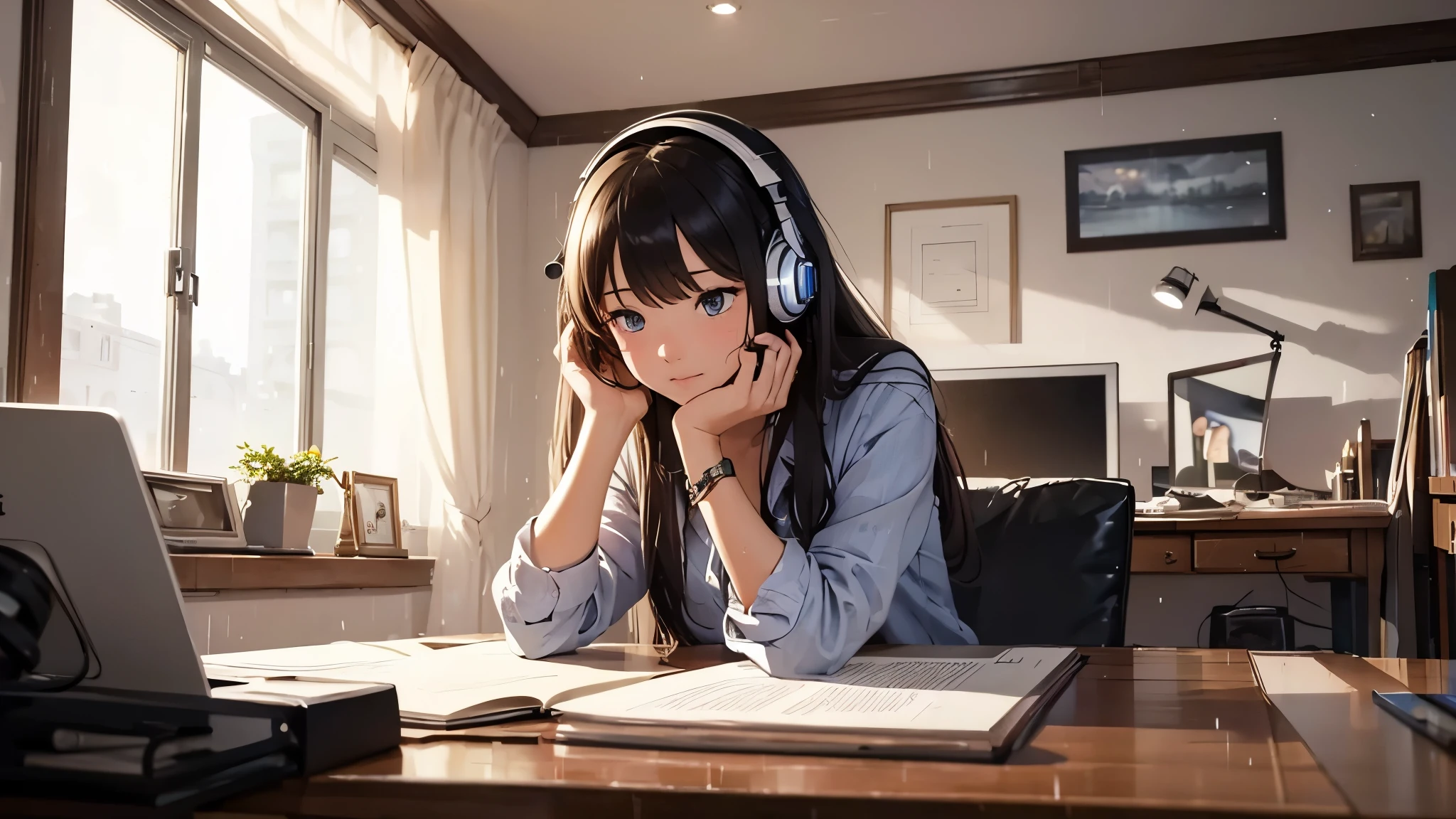 ((Top Quality)), ((Masterpiece)), (Details)
, studying in her room in the rain listening to music with headphones, beautiful emotional girl, computer on the desk, eyes on the screen