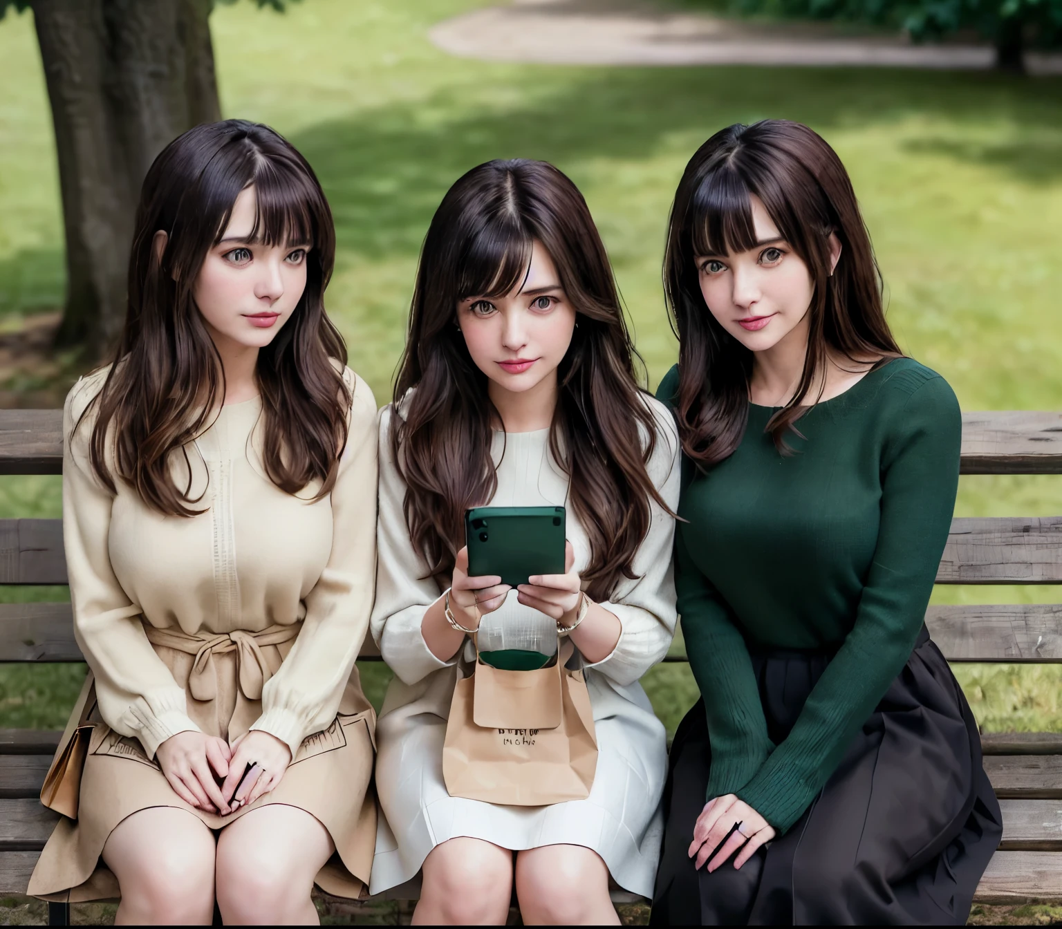 2lady, Sit on it (Bench end), (Office staff outfit) fashionable, Mature female, /(Brown hair/) Bangs, (Looking at the phone), (Masterpiece Best Quality:1.2) Exquisite illustrations with rich details, large breasts rest /(Black Hair/) Bangs, (Staring into the distance) rest ((Simple paper bag:1.2) Sitting in the middle of the bench) rest (Ordinary city park) outdoor, (green landscape), noon, Detailed background