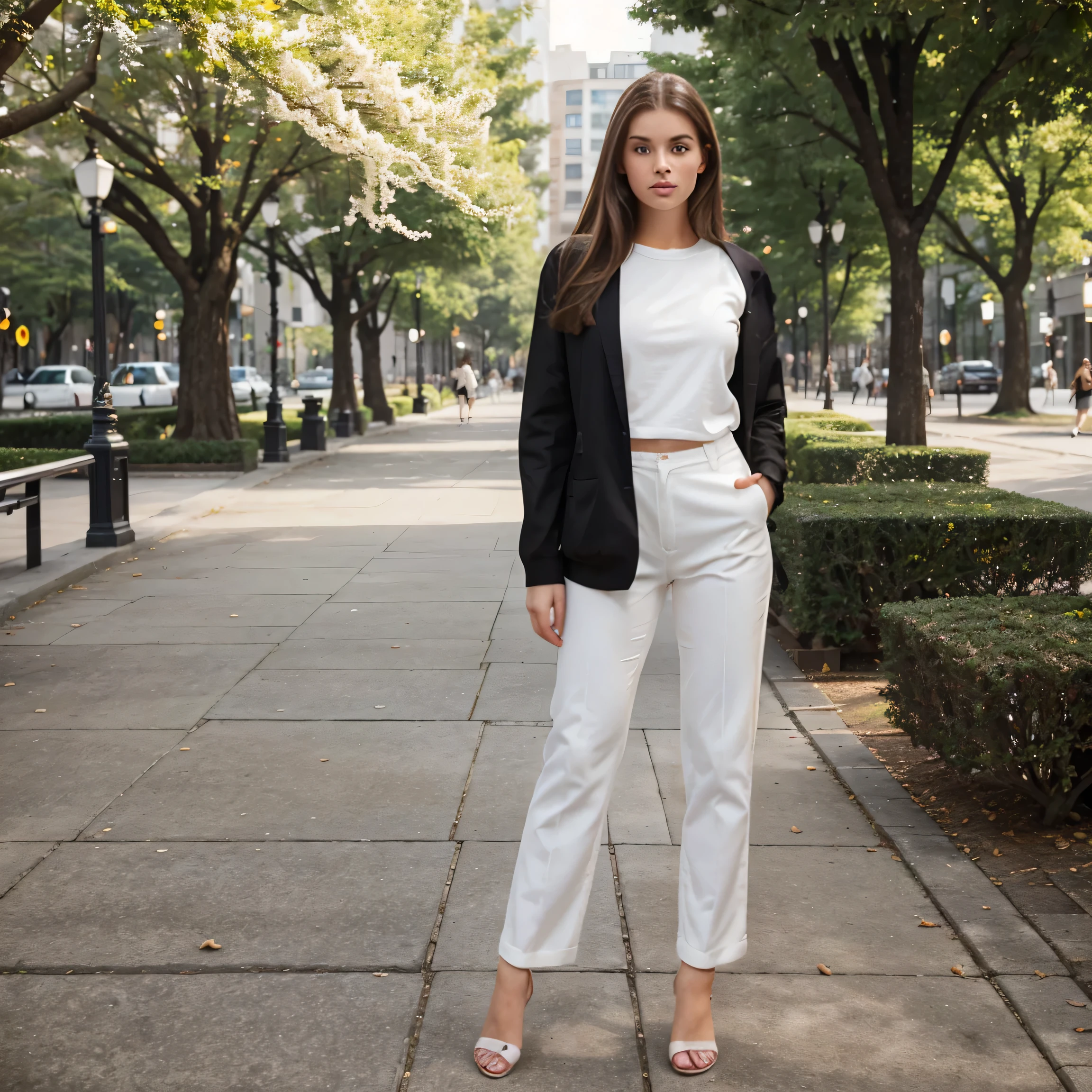 model of a 22-year-old white woman with flawless features, including brown hair and a perfect physique. She showcases her beauty and confidence in various modern outfits, from casual streetwear to elegant evening attire. Whether strolling through a bustling city or lounging in a serene park, her magnetic presence and impeccable style turn heads wherever she goes