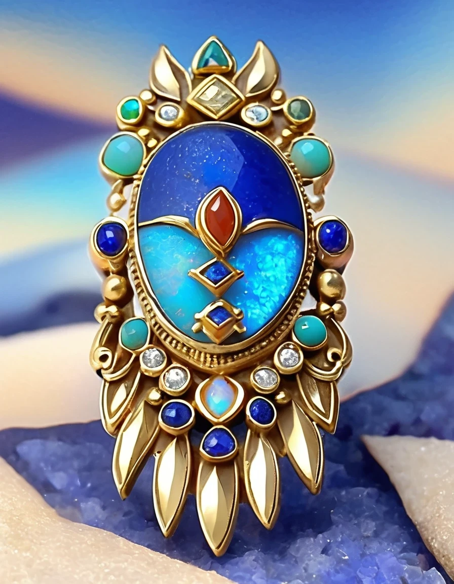 Indian abstract cartoon rain god image ring design，The main stone is an irregular blue gradient opal，Indian elements，The matching stones are small amounts of lapis lazuli and turquoise，Clams，bead，gem，Retro，Old，Soft Light