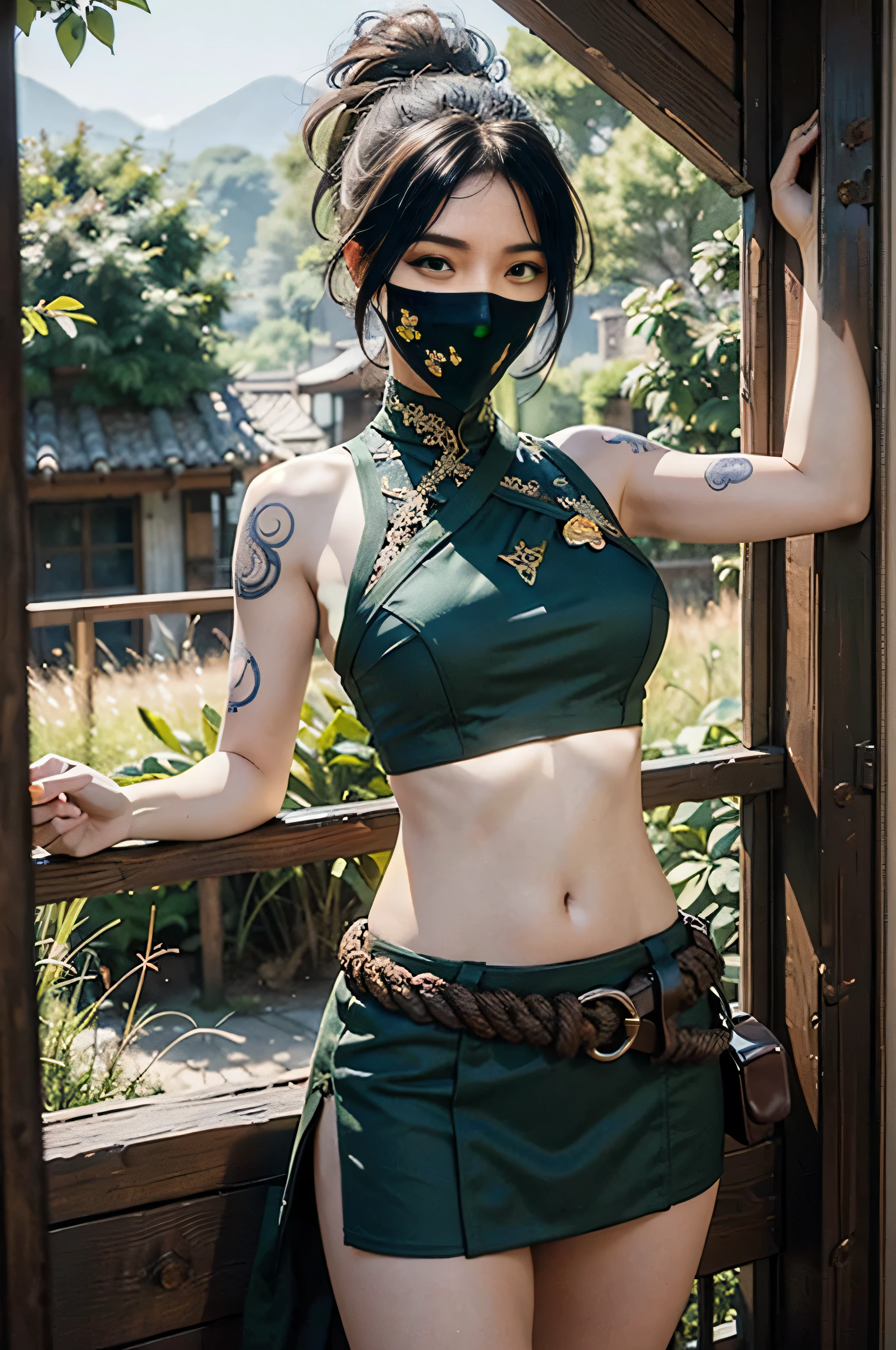 Akali, League of Legends, Ultra-realistic 8K CG, masterpiece, ((Very detailed background, Delicate pattern, Intricate details)), (Very detailed, The finer details, ), (Beautiful details: face, eyes and hair: 1.1) Martial Arts Master, Calm, surrounded by nature, Secrets of the forest, Abdominal muscles, arm tattoo, bangs, shirt, Big Breasts, Thick legs, green shirt, Hair between the eyes, Short skirt, long bangs, Long Hair, mask, Ninja, ponytail, Rope strap, Belt Bag, shirt, alone, Stomach tattoo, tattoo