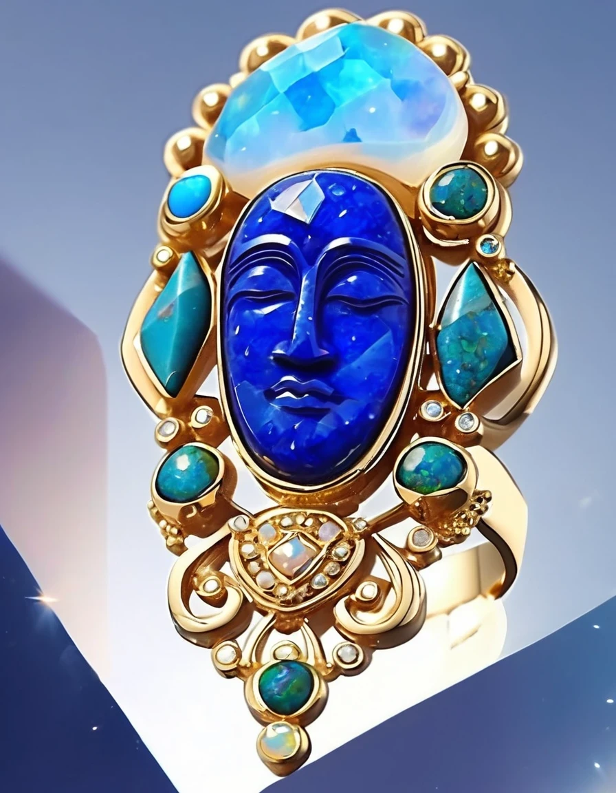 Indian abstract cartoon rain god image ring design，The main stone is an irregular blue gradient opal，Indian elements，The matching stones are small amounts of lapis lazuli and turquoise，Clams，bead，gem，Retro，Old，Soft Light