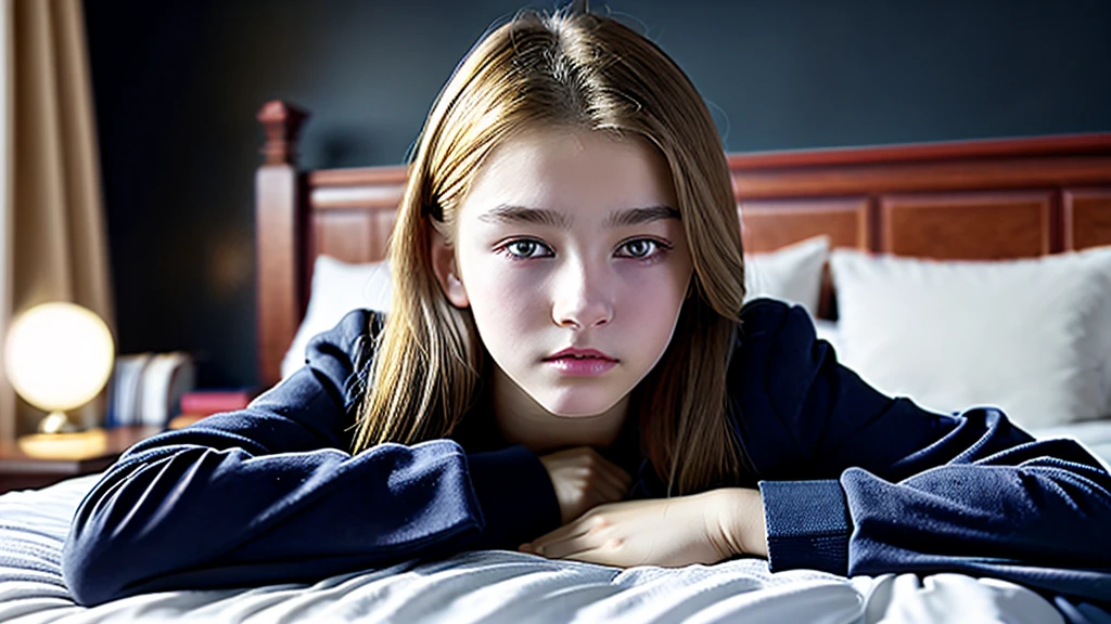 Portrait of cute beautiful perfect face , Russia, At the bed, (Dark Private Study, Dark and moody light: 1.2),Flat chest, (((Open pussy))), nsfw, sex,