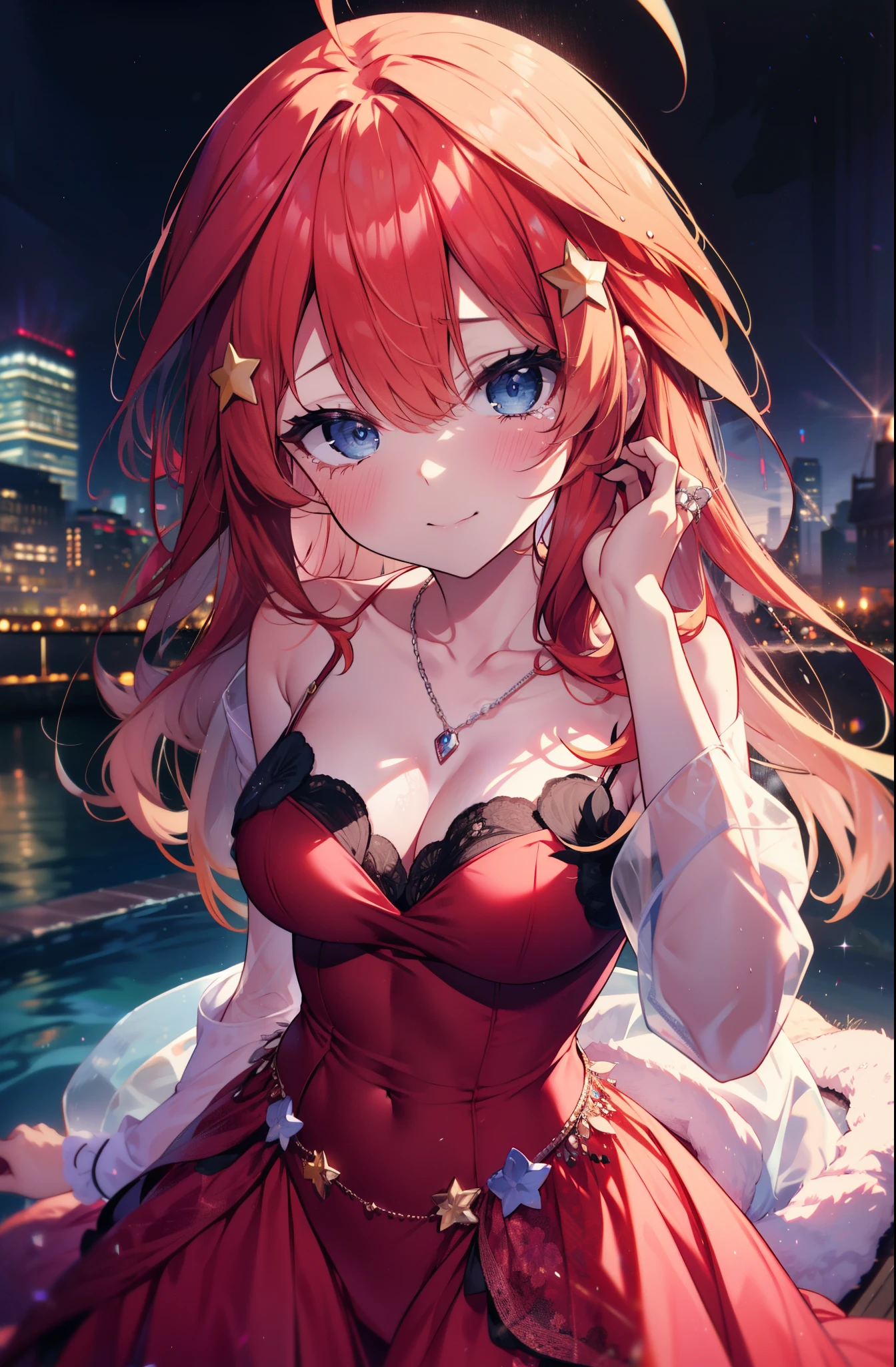 itsukinakano, Itsuki Nakano, bangs, blue eyes, Hair between the eyes, Ahoge, Redhead, star \(symbol\), hair ornaments, tiara,star hair ornaments,smile,blush,Red dress,Long skirt,Red Pin Heel,No sleeve,Expose your shoulders,Bare arms,Bare neck,bare clavicle,He is wearing a wedding ring on his left ring finger,Heart Necklace,Tears stream down her face,Tears of joy,I cry a lot,Romantic night view,moonlight,
break outdoors, hill,
break looking at viewer, (Cowboy Shot:1.5),
break (masterpiece:1.2), highest quality, High resolution, unity 8k wallpaper, (shape:0.8), (Beautiful details:1.6), Highly detailed face, Perfect lighting, Highly detailed CG, (Perfect hands, Perfect Anatomy),