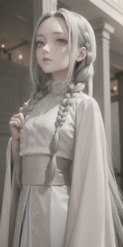 best quality, masterpiece,gray hair, golden eyes,white clothes, look up,hair,fair skin,side braids