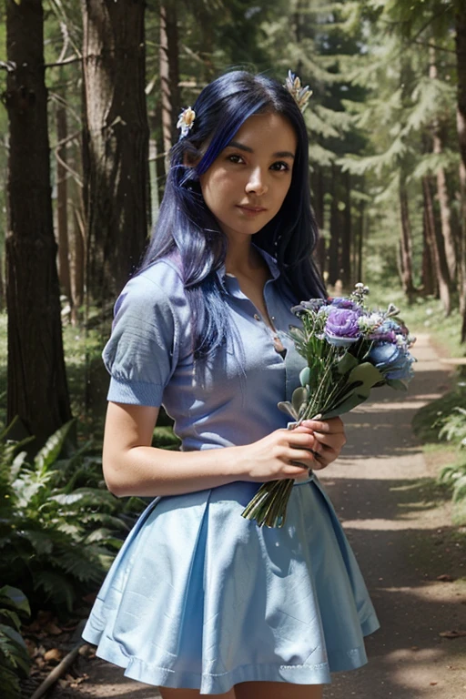 blue unicorn woman, small skirt, holding a bouquet of flowers in one hand, facing the camera in an enchanting forest