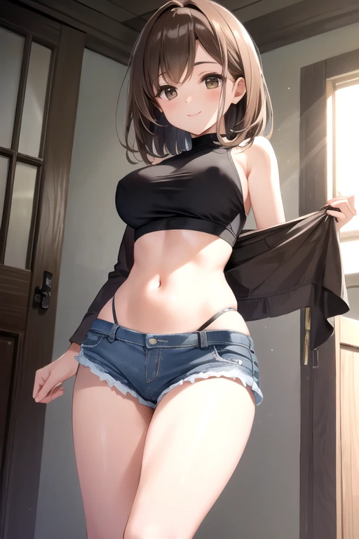 masterpiece, best quality, ultra detailed, highres, extremely detailed CG unity 8k wallpaper, perfect lighting,  very detailed background, beautiful and aesthetic,sharp focus, perfect face, 
1lady、 smiling、
short brown hair, large light brown eyes、delicate oval face, middle breasts、Slim figure、
crop top、denim shorts、
thin thong、barefoot、
View of the ass. view from below. 
Ambient light、Volumetric Light