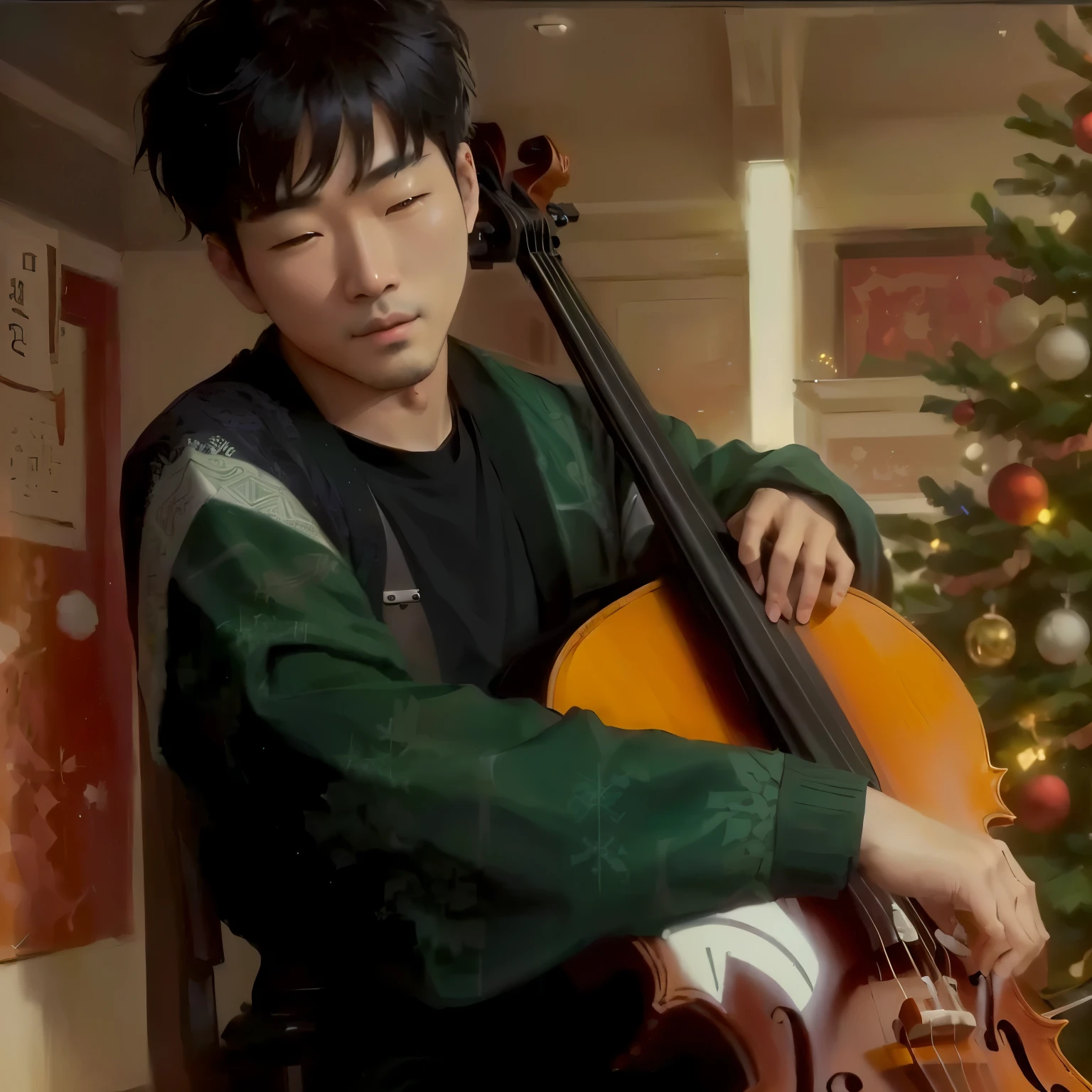 arafed man playing Cello in front of a christmas tree, Korean Artist, strictjun chengt, Hentai, jinyoung shin, Young fair angel, Kim Do-young, Nam Jae-yeon, Cello, Charles Jeong, Hong Junheng, Inspired by Kim Eung-hwan, musician, Kim Tae-jun, Shin Jung-ho, strict