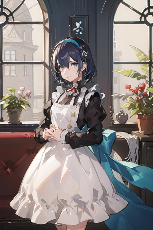 masterpiece,highest quality,anime,(2D:1.2),indoor, ,  One girl, roswaal mansion Maid uniform, alone, Maid, Cyan blue eyes, short hair,bow hairband, Hair between the eyes, Removable sleeves, View your viewers, Red Hairband,ribbon, bangs, Recall, bow, Orange Hair,red ribbon, Black sleeves, window, Long sleeve, apron, white bow, Frills,ribbon trim,A light smile, with own hands,